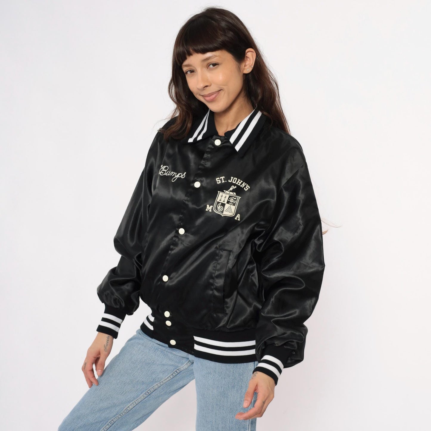 80s Black Satin Varsity Jacket Silver Rifles Drill Team Embroidered Medium