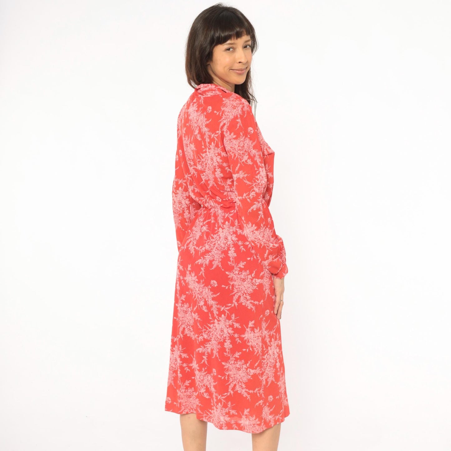 70s H Coral Floral Shirtdress Button Front Bishop Sleeves Midi Medium M