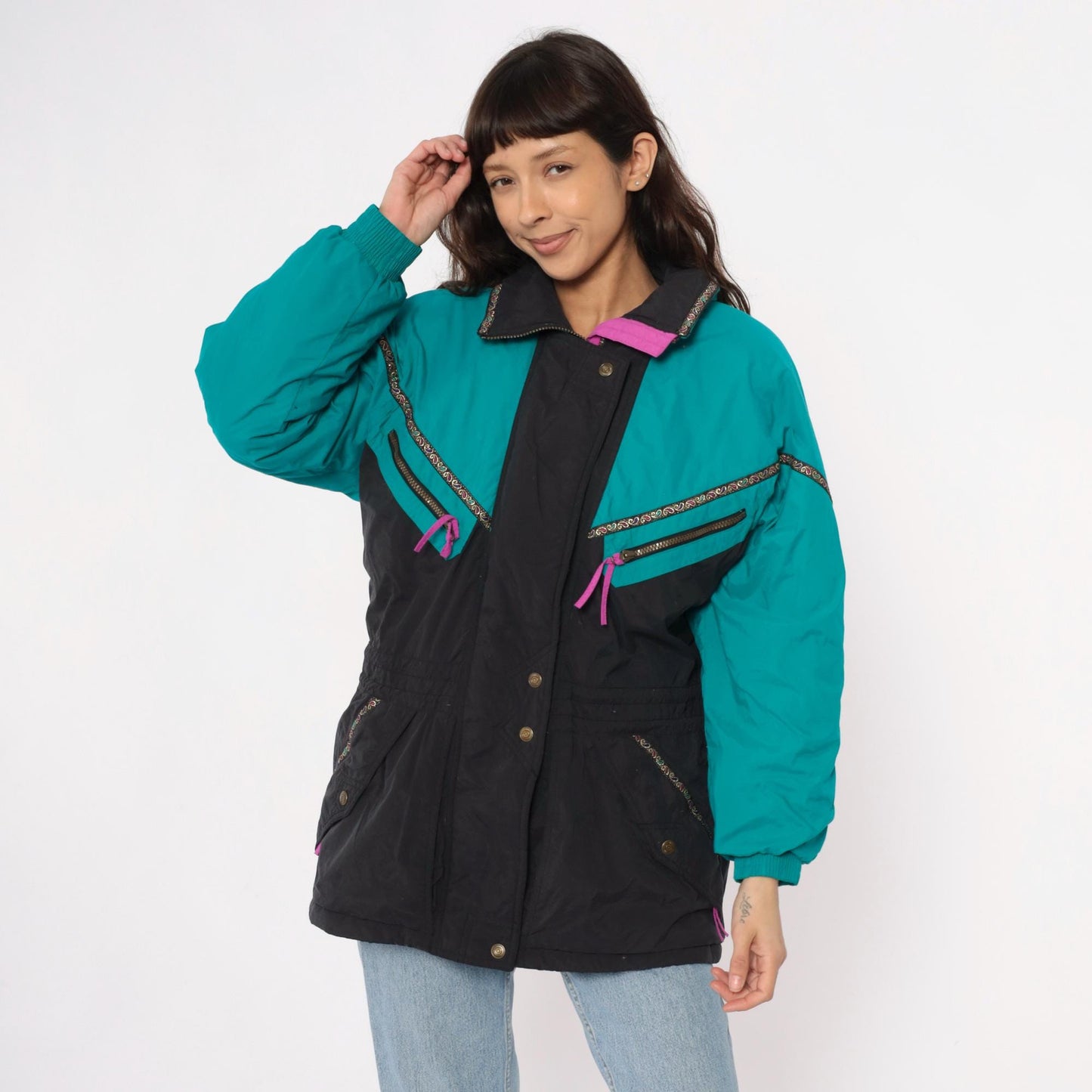 90s Colorblock Ski Jacket Teal Black Puffer Pink Zippers Small S