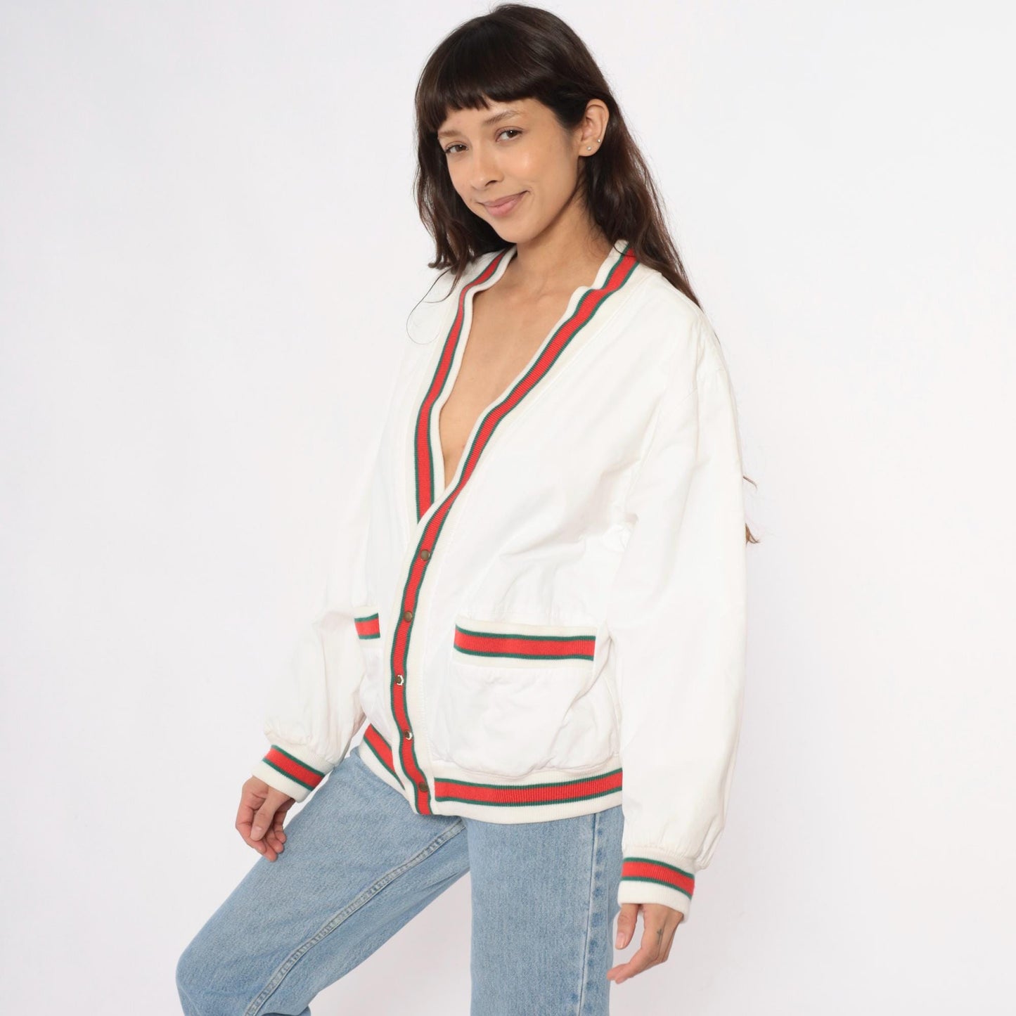 80s Cream Cardigan Red Green Striped Ribbed Trim Cotton Preppy Medium