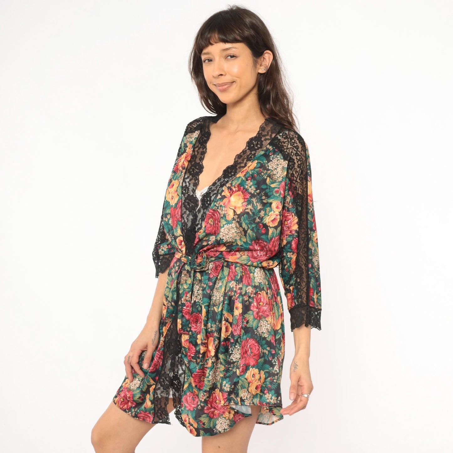 90s Sopre Lingerie Floral Wrap Robe Black Rose Print Lace Trim Plus Size 3X