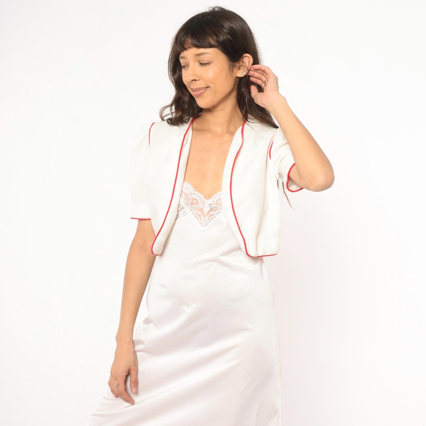 70s Nancy Stevens White Bolero Jacket Red Piping Puff Sleeve Cropped Extra Small