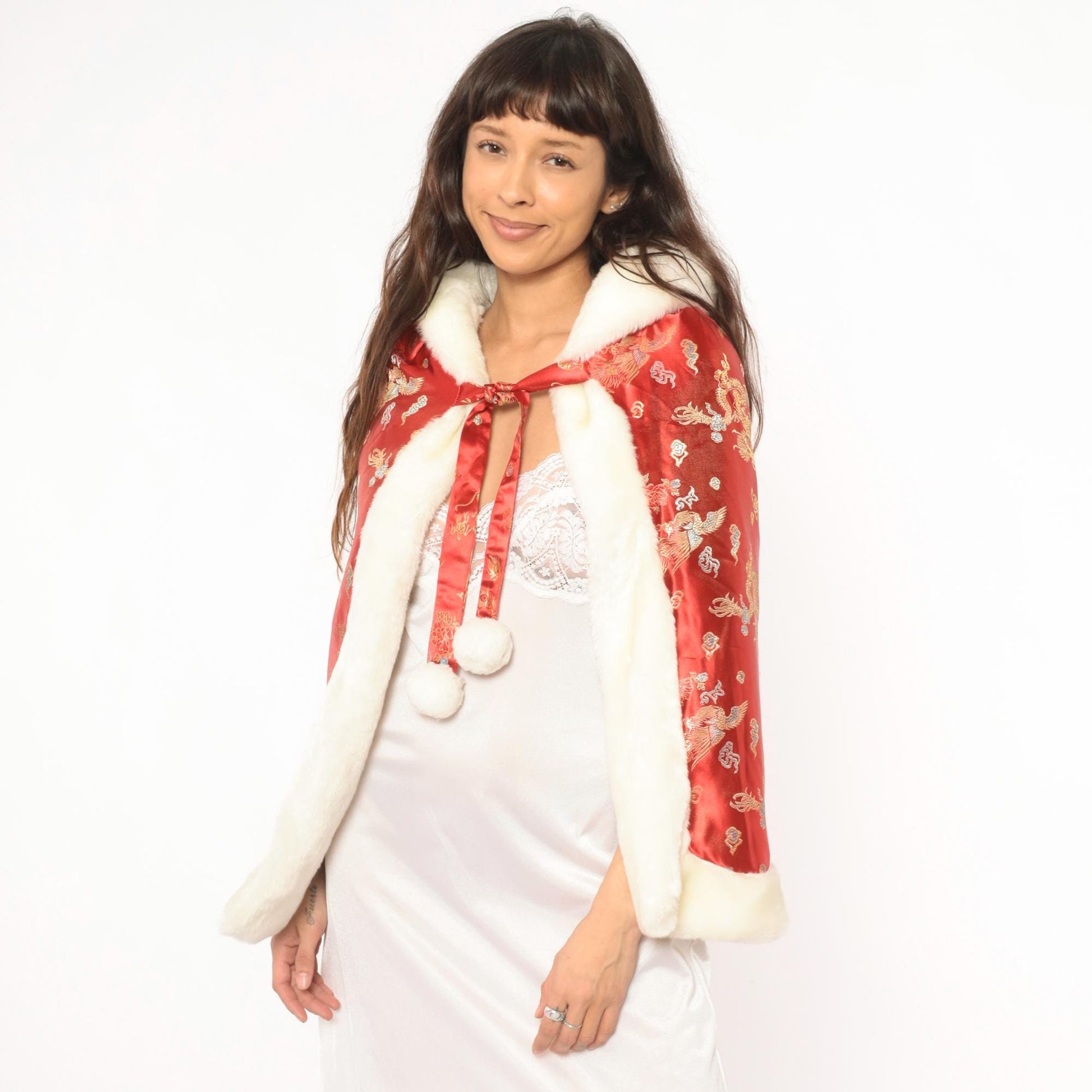 80s Reversible Faux Fur Cape Red Dragon Phoenix Brocade Hooded Cloak Extra Extra Small