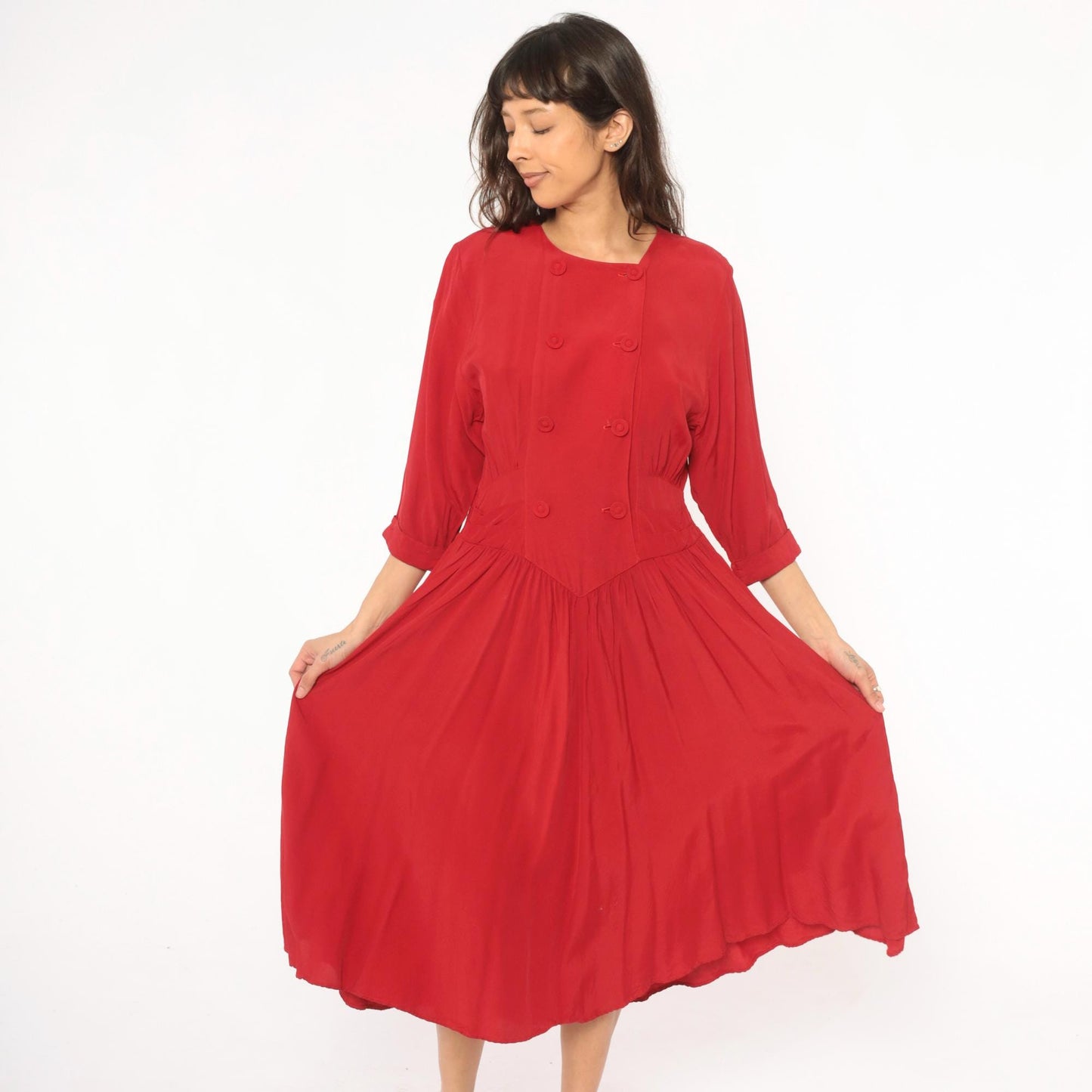 80s Piccolino Petites Crimson Double Breasted Midi Dress Round Neck Small Medium