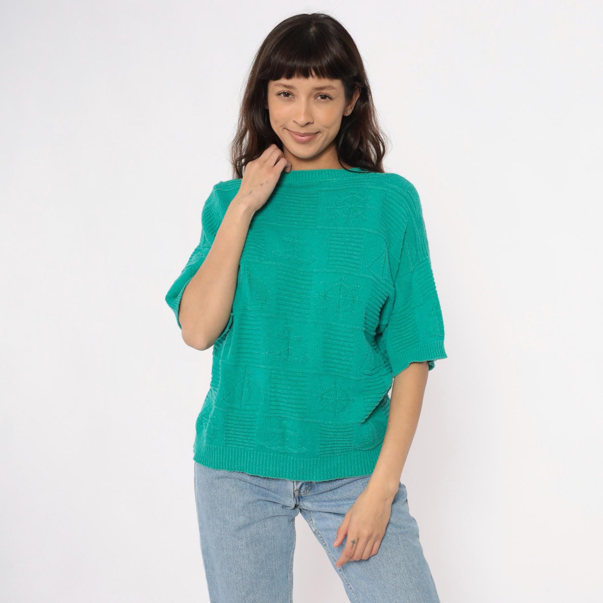 80s Turquoise Knit Sweater Short Sleeve Crew Neck Geometric Pattern Large L