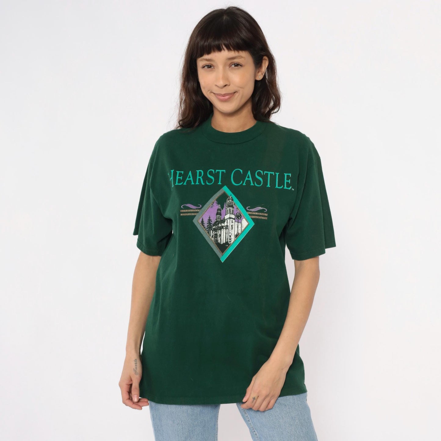90s Hearst Castle California Tourist Tee Forest Green Cotton Graphic Large L