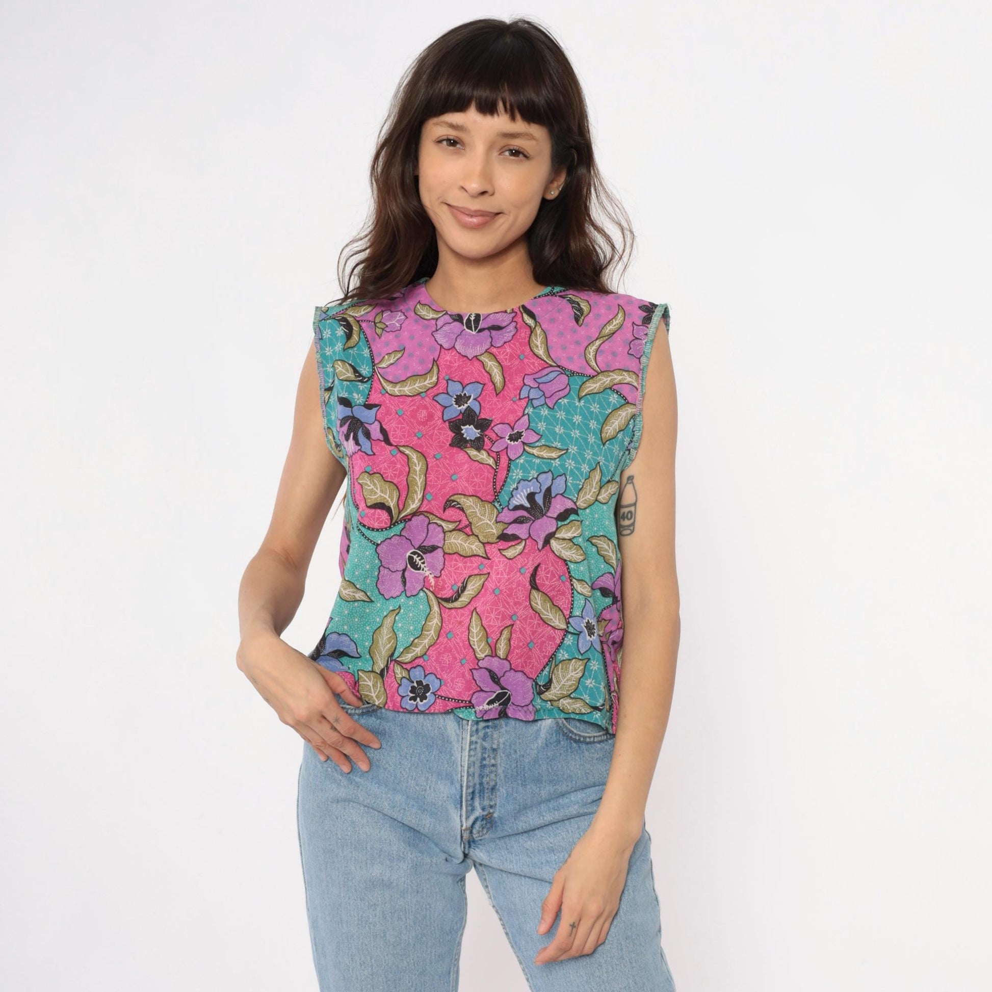 90s Floral Patchwork Tank Top Pink Purple Teal Sleeveless Shell Small