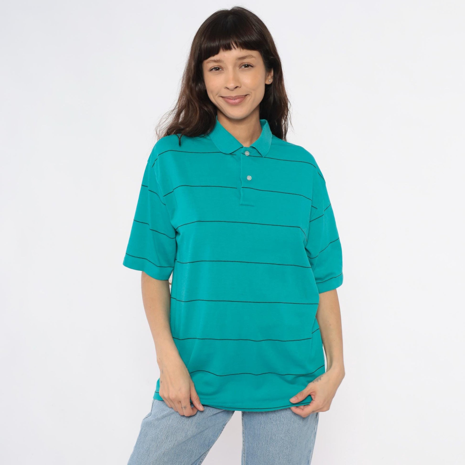 80s Chesterfield Teal Striped Polo Shirt Black Lines Cotton Large L