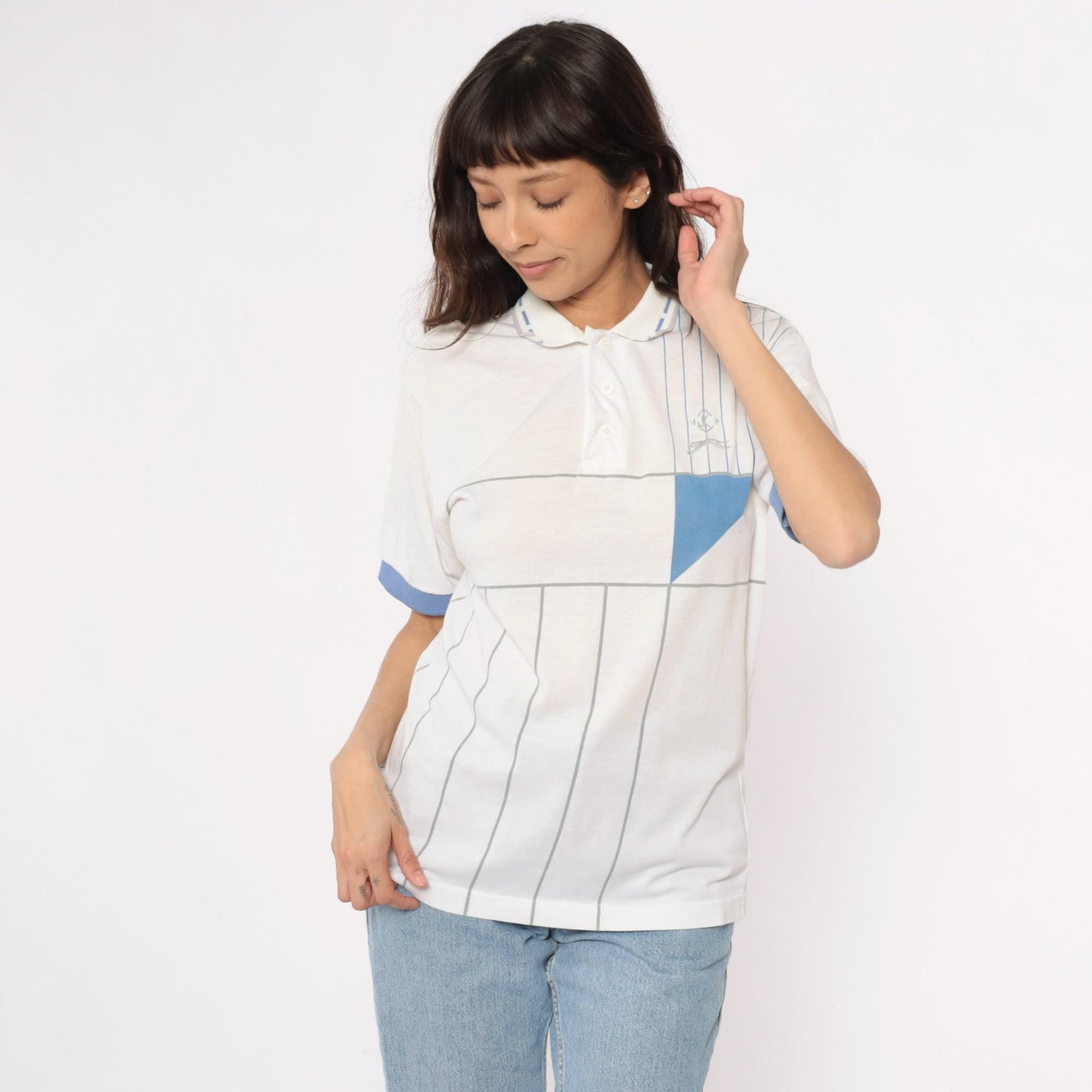 80s Jimmy Connors Slazenger Tennis Polo White Blue Stripe Geometric Medium
