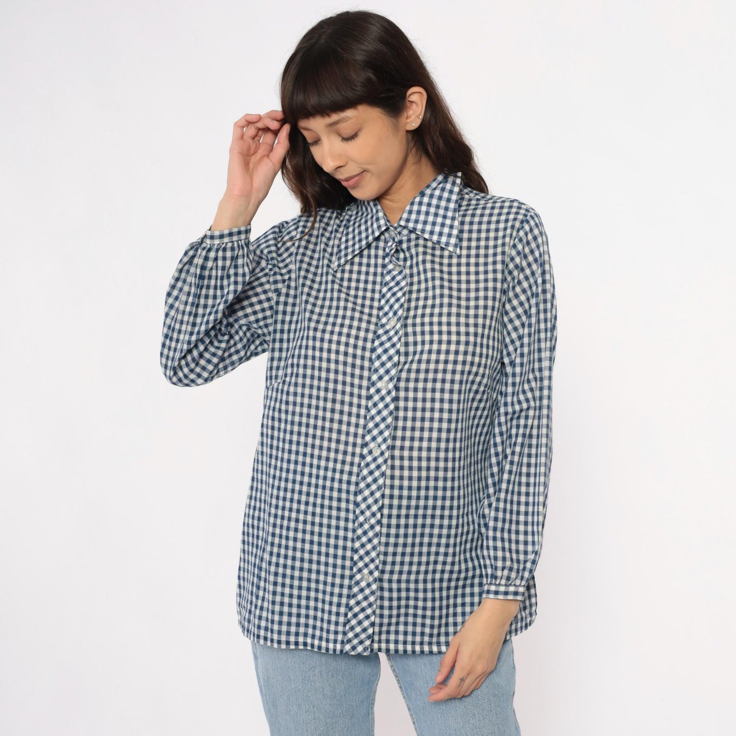 80s Lane Bryant Navy Gingham Check Button-Up Blouse Peter Pan Collar Plus Size XXL