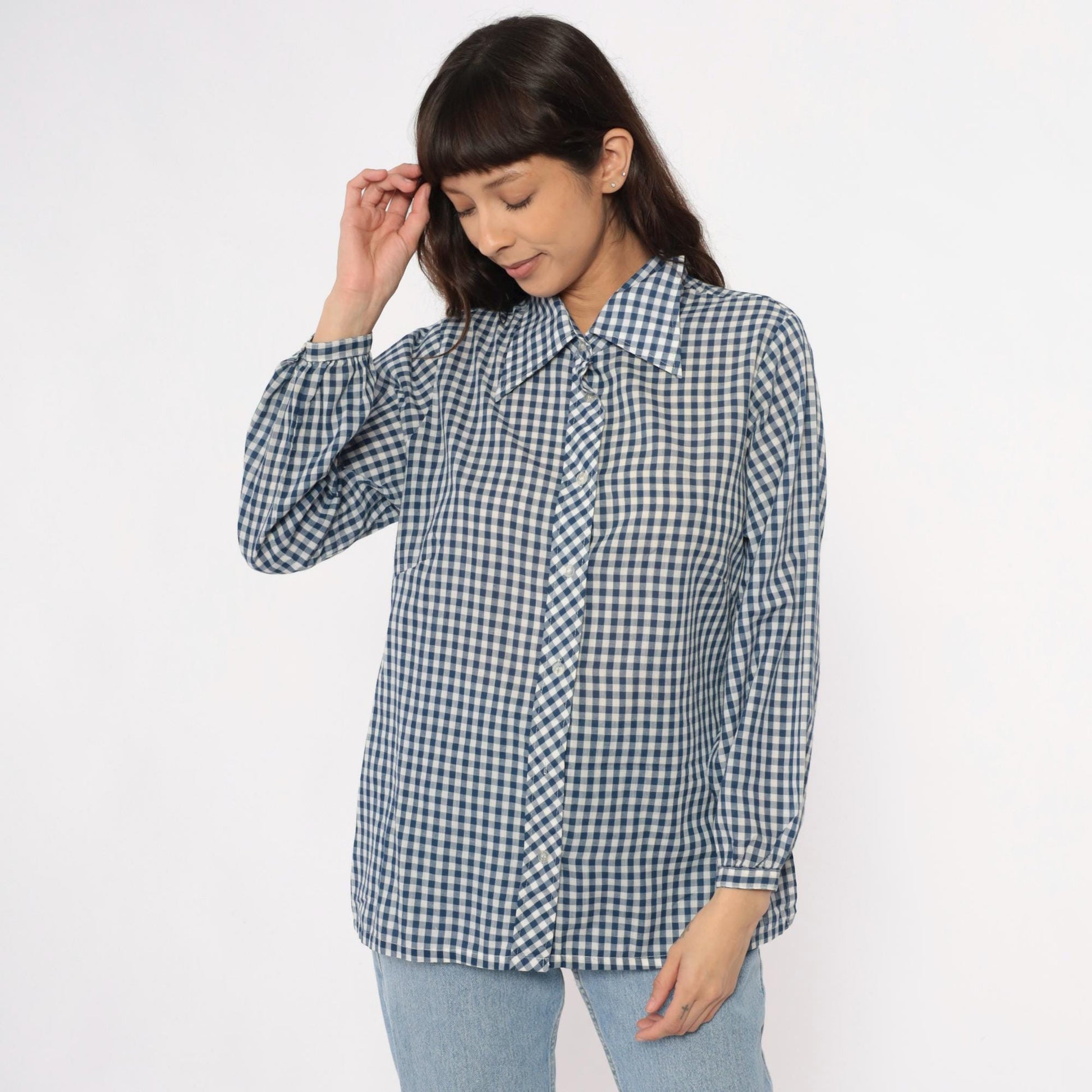 80s Lane Bryant Navy Gingham Check Button-Up Blouse Peter Pan Collar Plus Size XXL