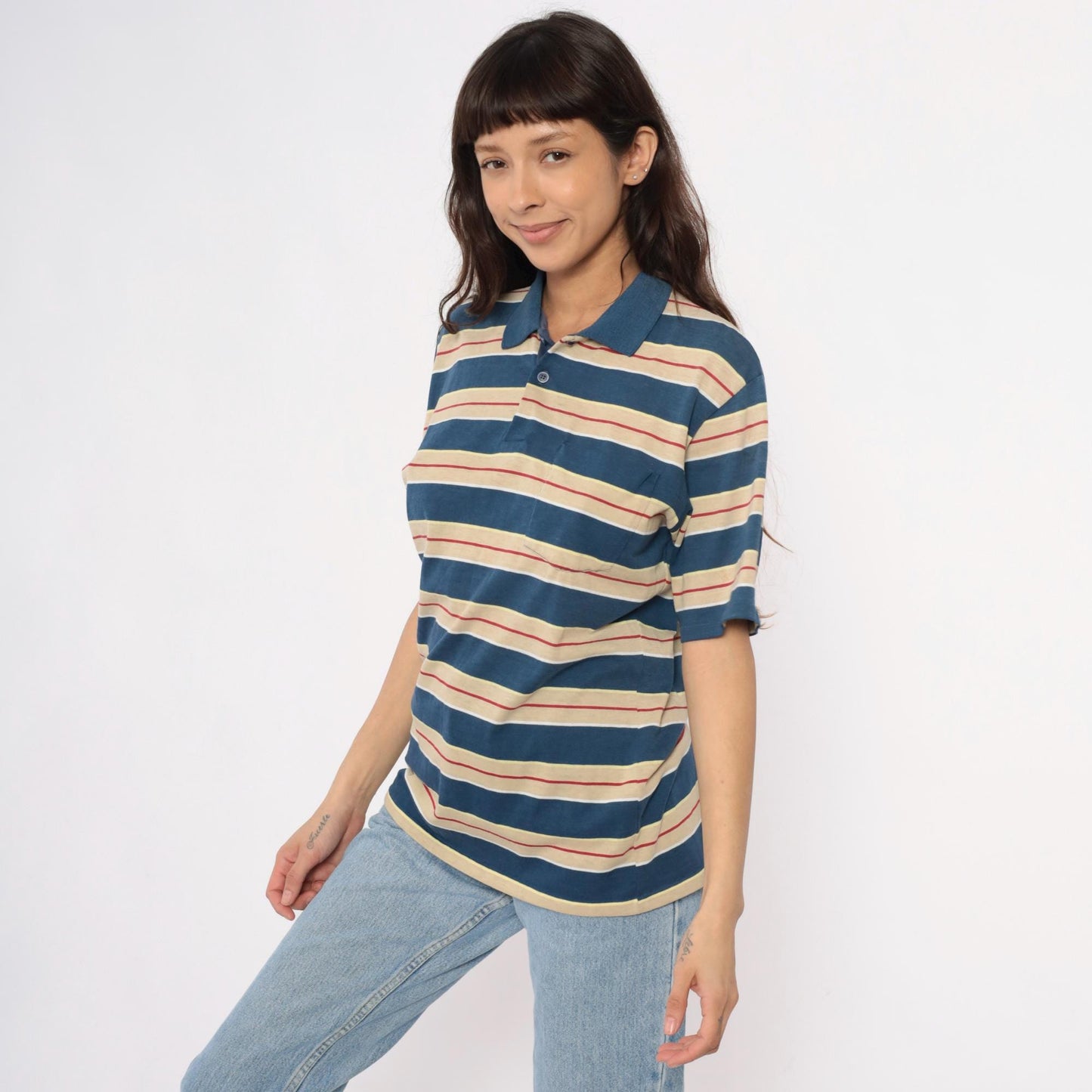 80s Striped Polo Shirt Navy Cream Red Horizontal Stripes Unisex Large