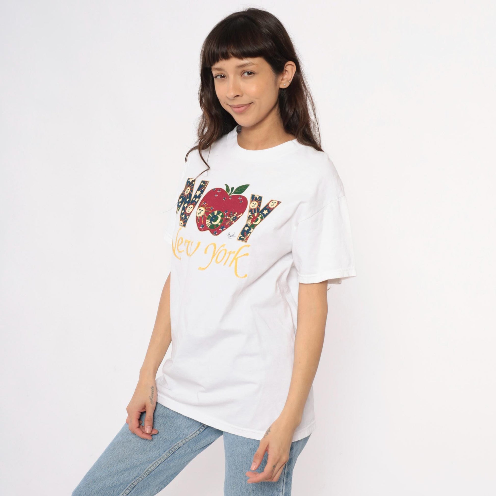 90s New York Celestial Graphic T-Shirt White Cotton Medium M
