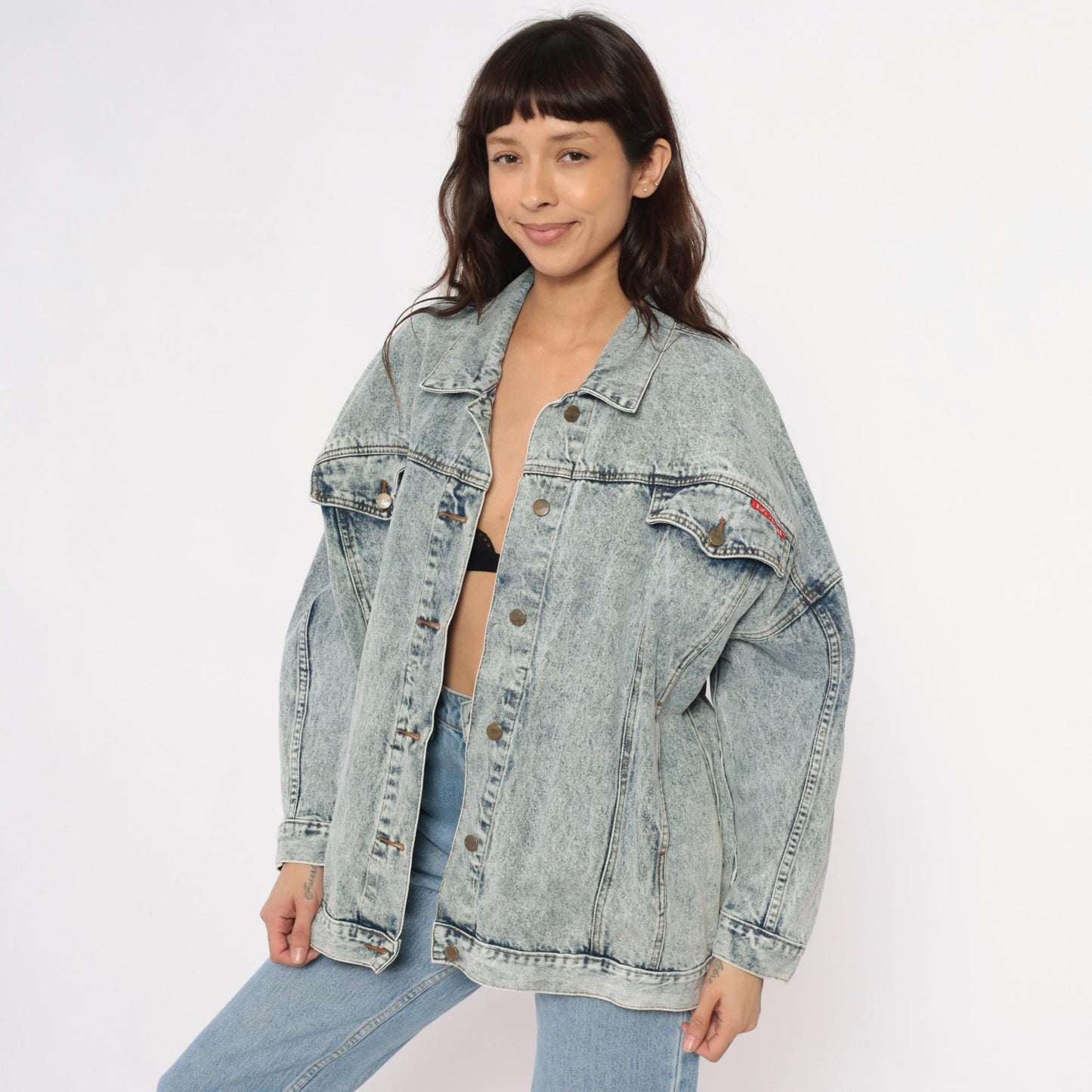 90s Bacini Acid Wash Denim Jacket Light Blue Button Front Small