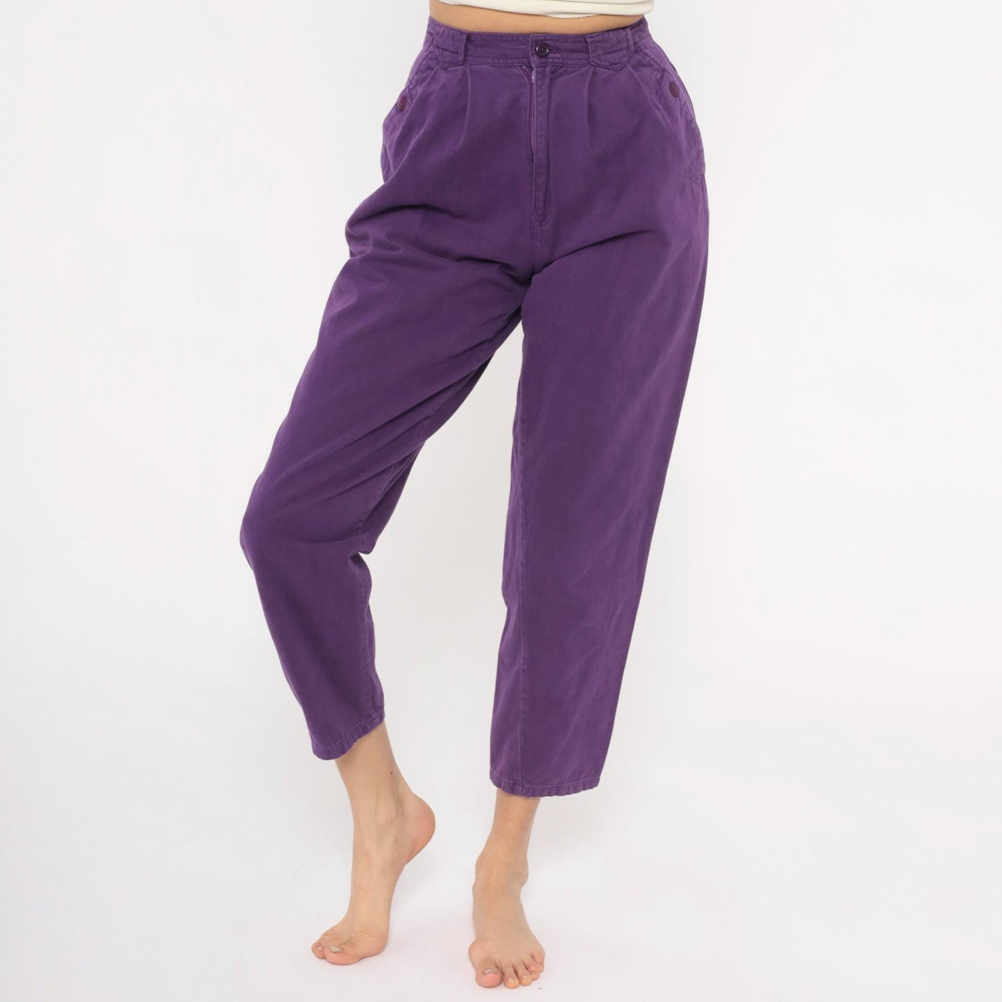 90s Sierra Purple Pleated High-Waisted Trousers Cotton Tapered Ankle XS