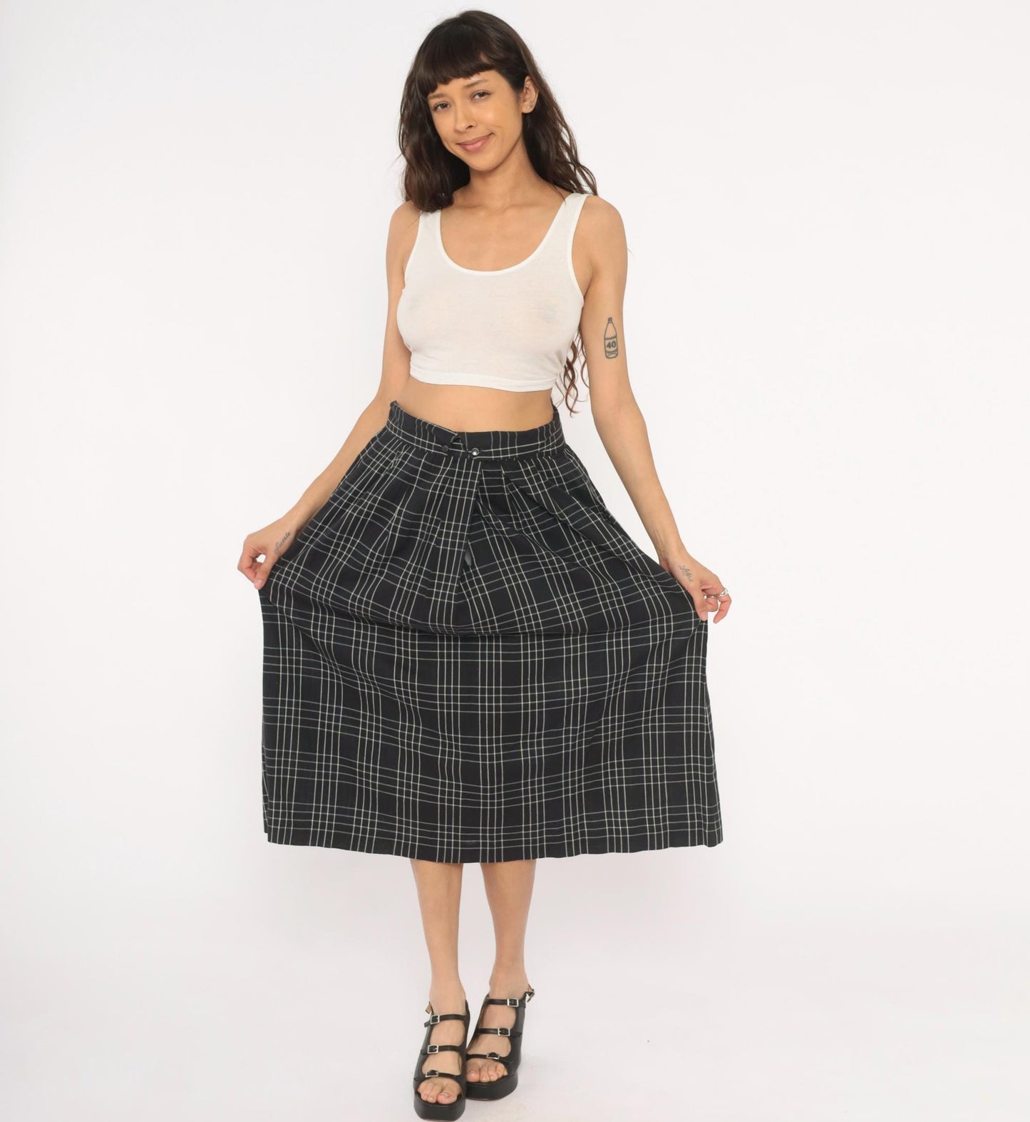 80s Heron Cove Casuals Windowpane Plaid Midi Skirt Black White Pleated Large L