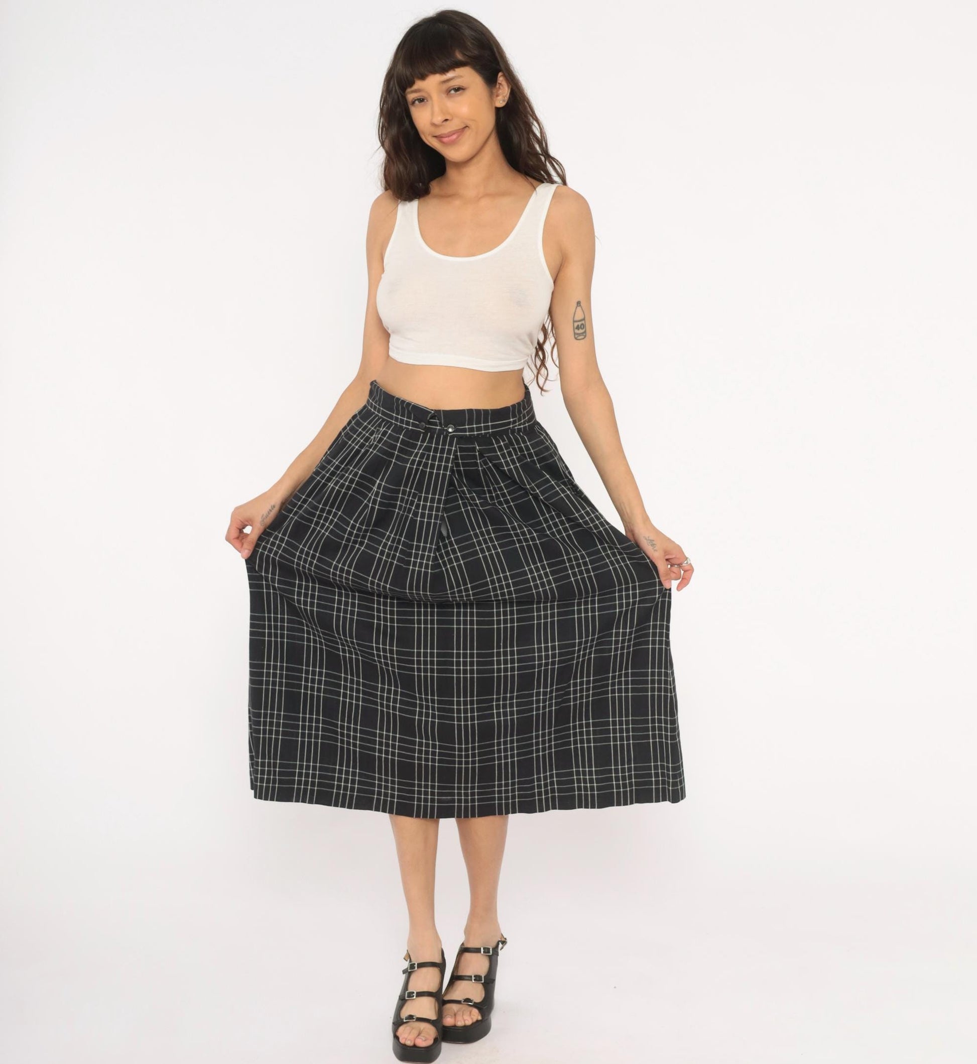 80s Heron Cove Casuals Windowpane Plaid Midi Skirt Black White Pleated Large L