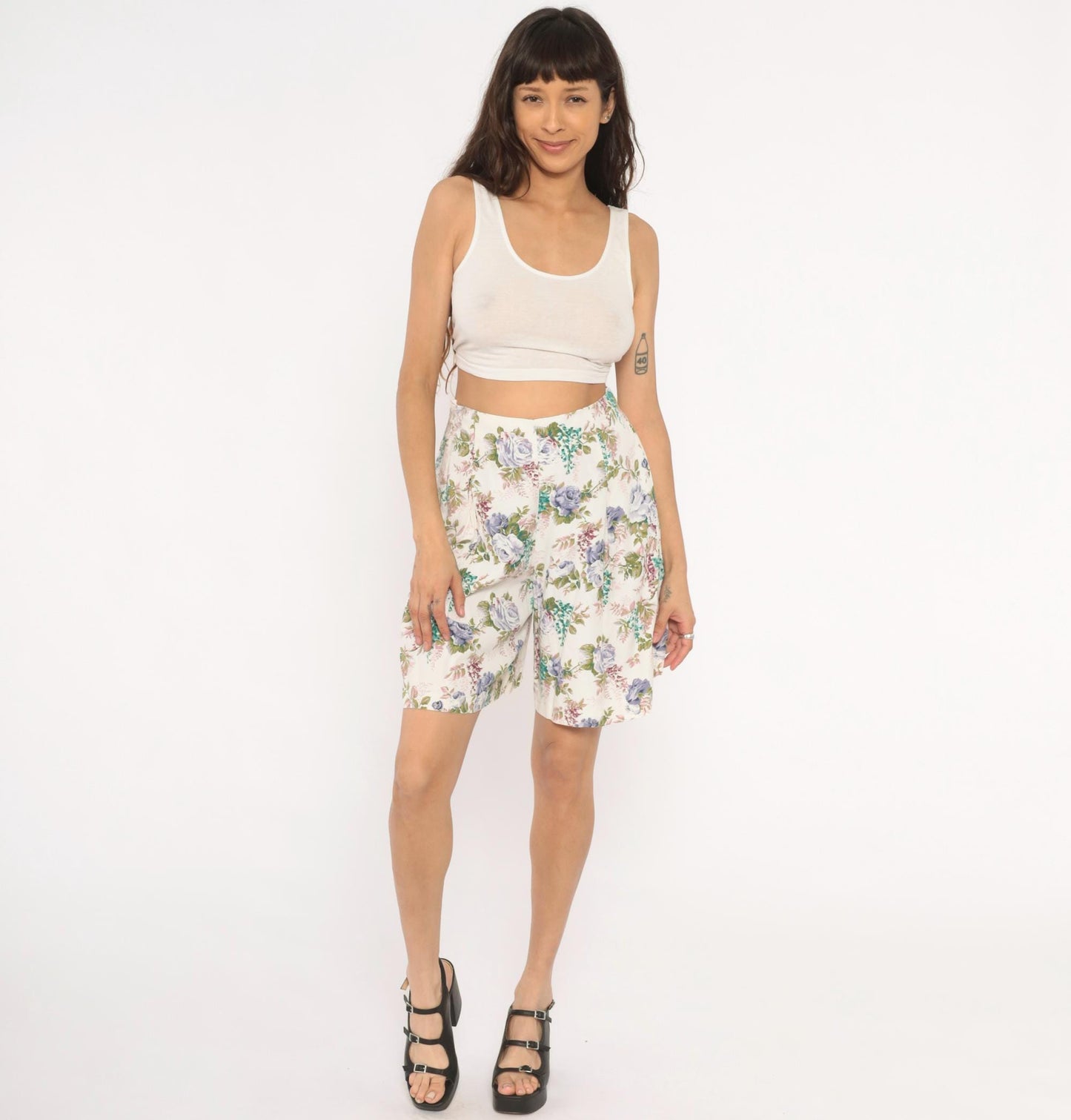 90s Floral Culotte Shorts High Waist Wide Leg Ivory Purple Rose Medium