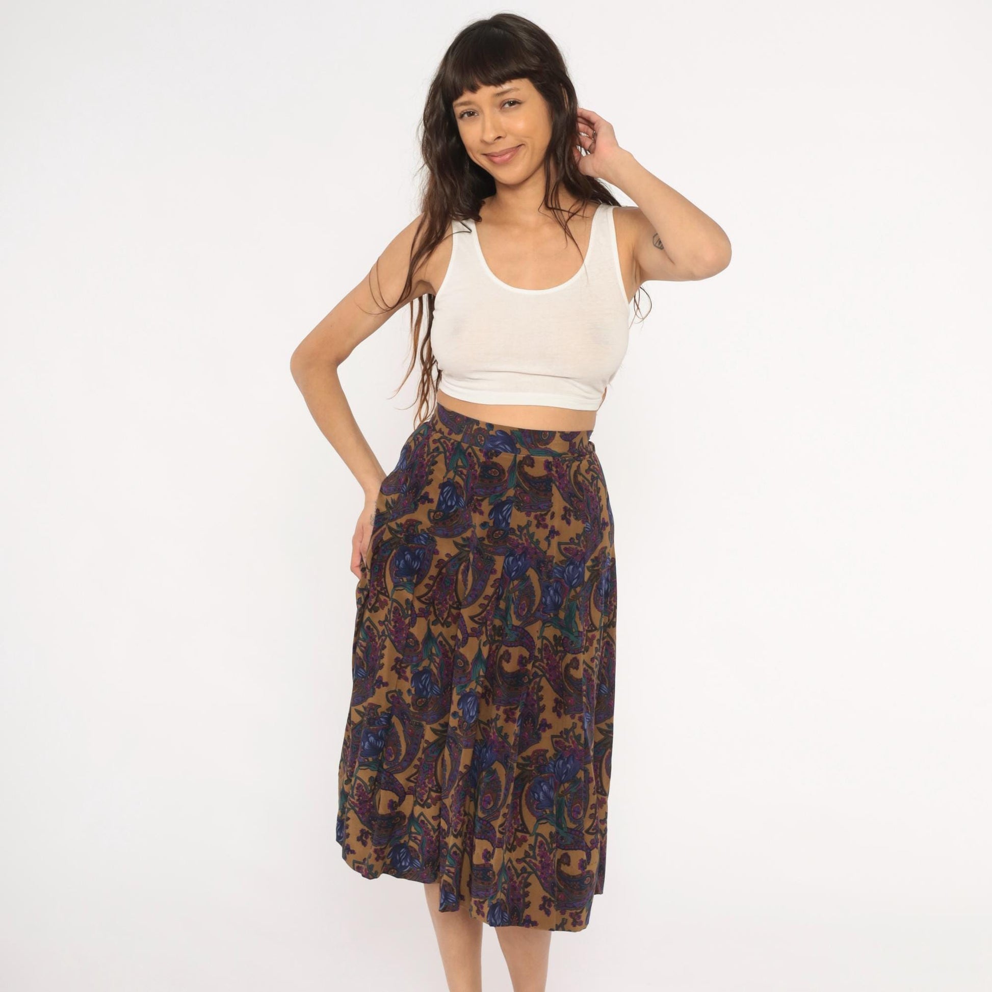 80s Saks Fifth Avenue Paisley Silk Skirt Knee-Length Pleated High Waist Small S