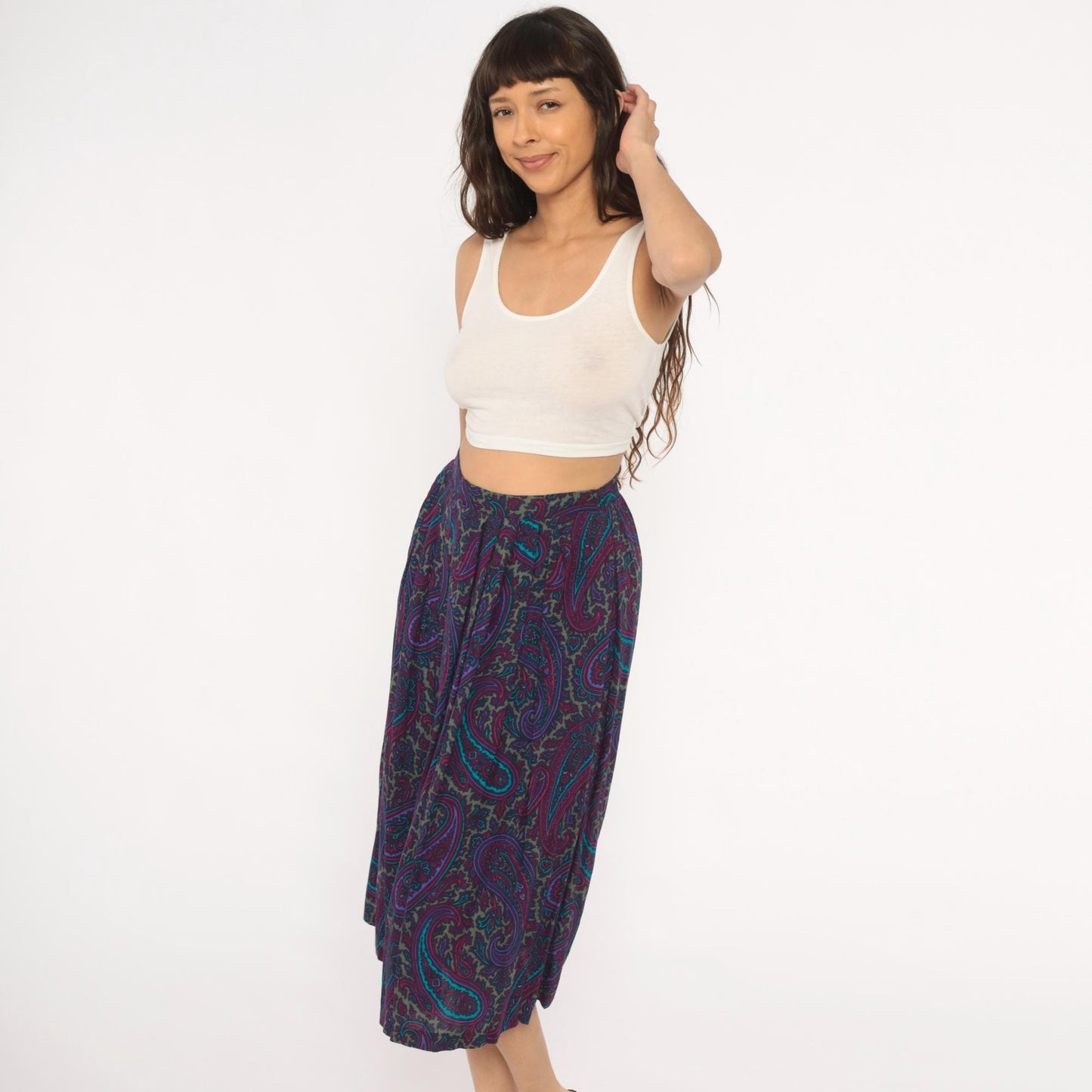 80s Paisley Midi Skirt Purple Teal A-Line Gathered Waist Small Medium