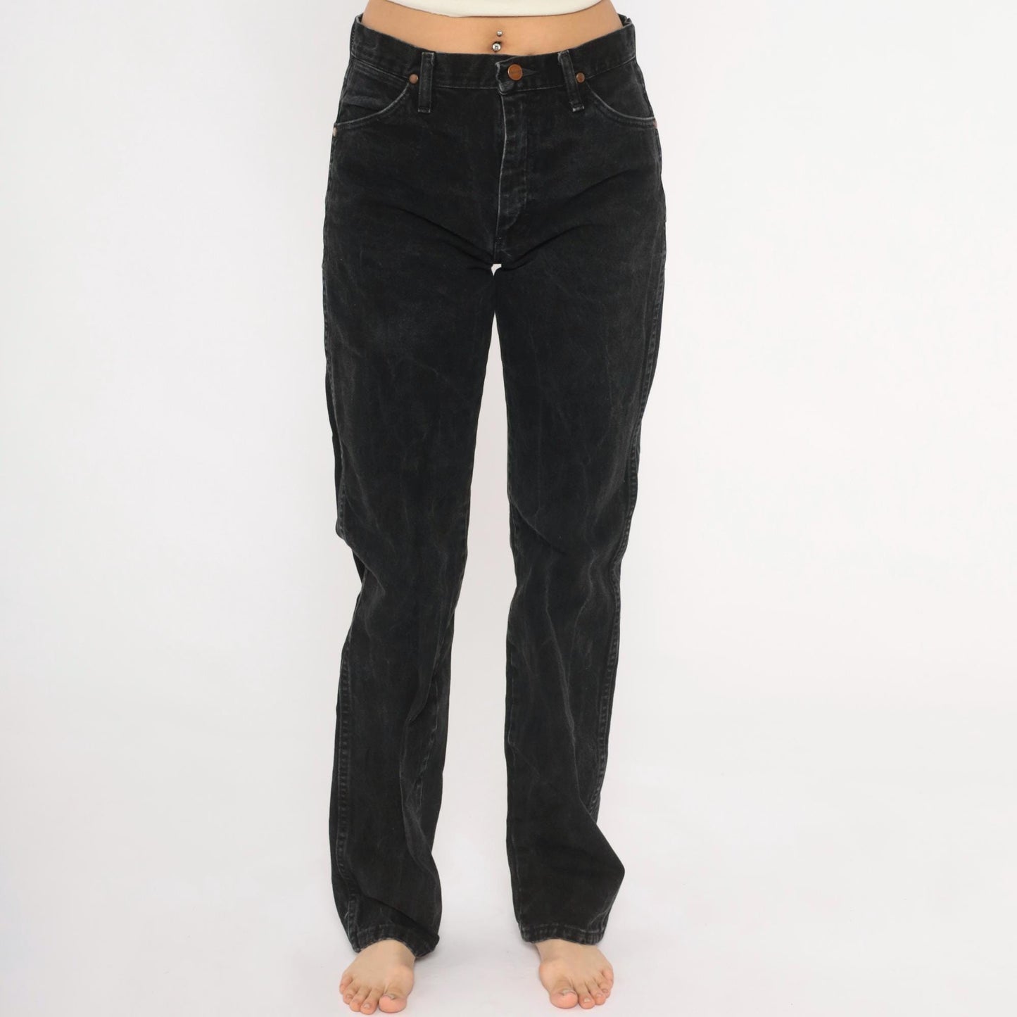 90s Wrangler High Rise Straight Leg Jeans Faded Black Denim Medium M