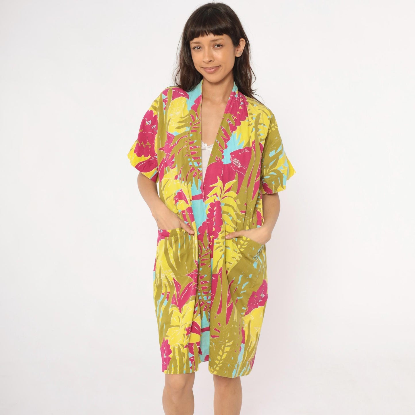 80s Lion Jungle Tropical Kimono Robe Knee Length Cotton Small Medium