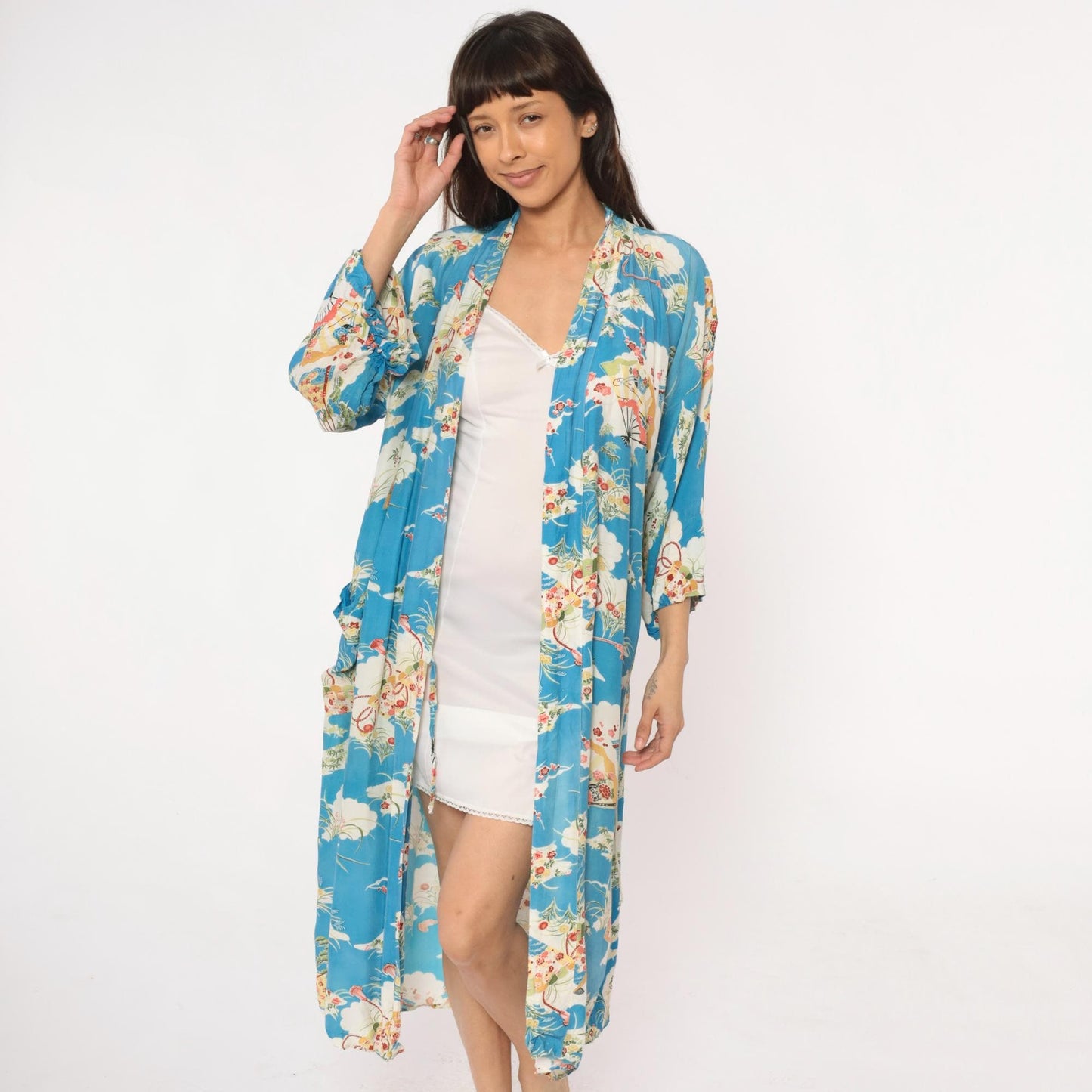 80s Japanese Fan Kimono Robe Blue Floral Maxi Cotton Wrap Large L