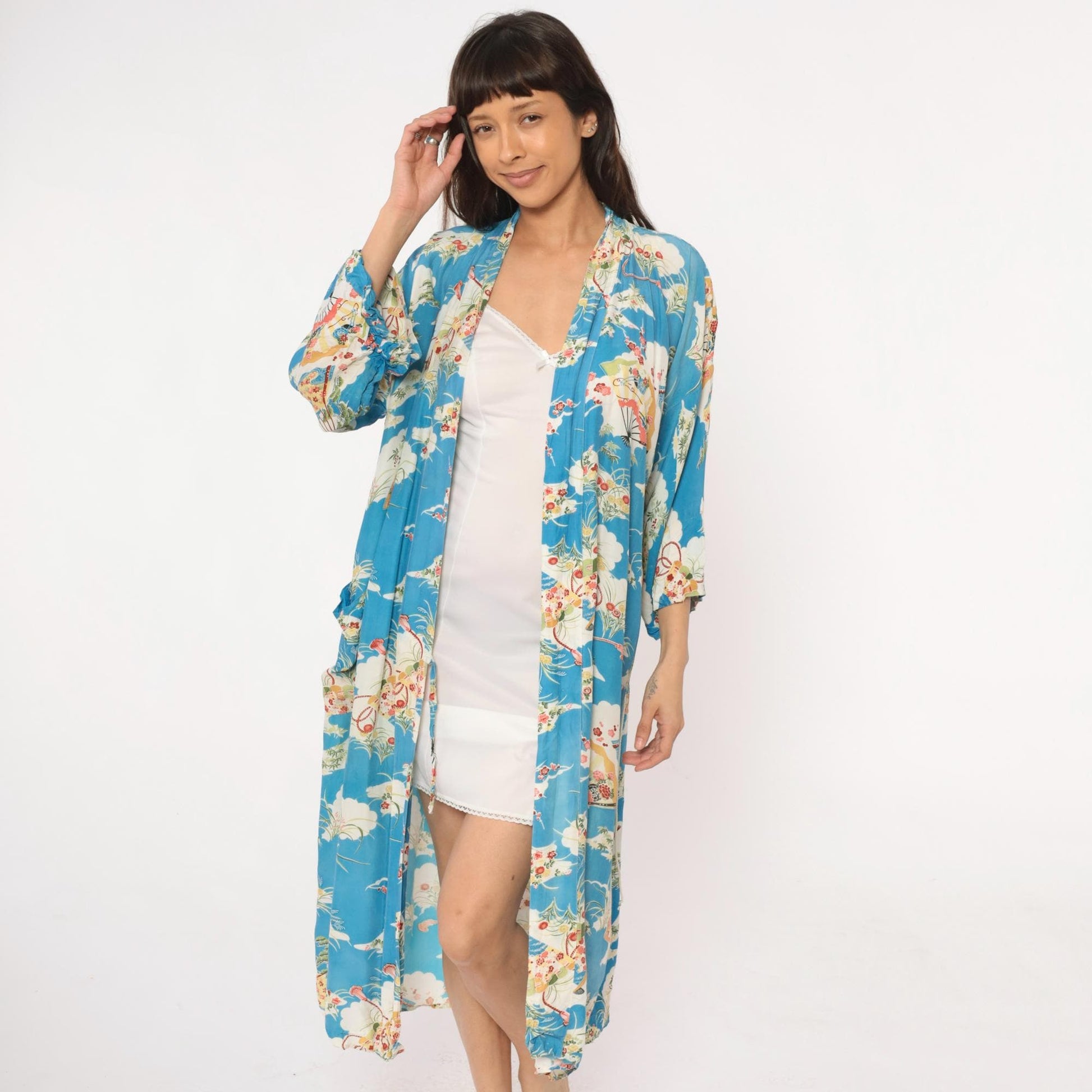 80s Japanese Fan Kimono Robe Blue Floral Maxi Cotton Wrap Large L