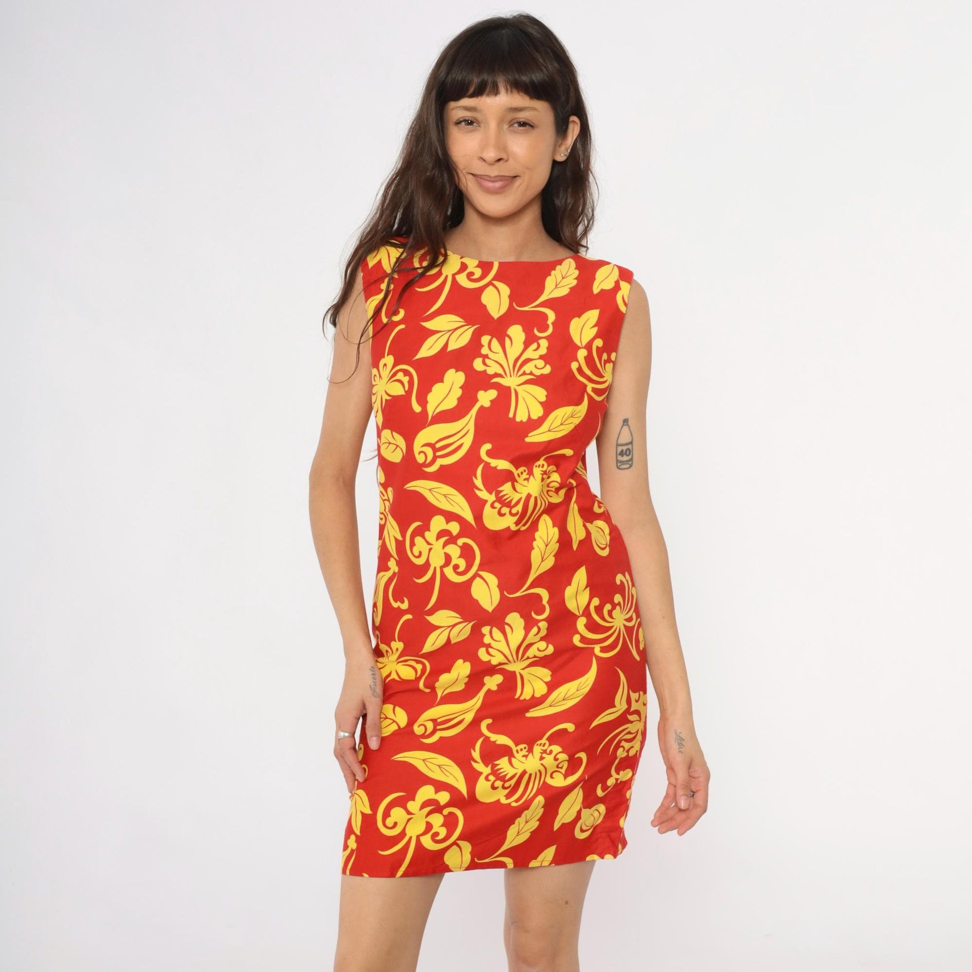 90s Red Floral Shift Dress Yellow Botanical Print Mini Small S