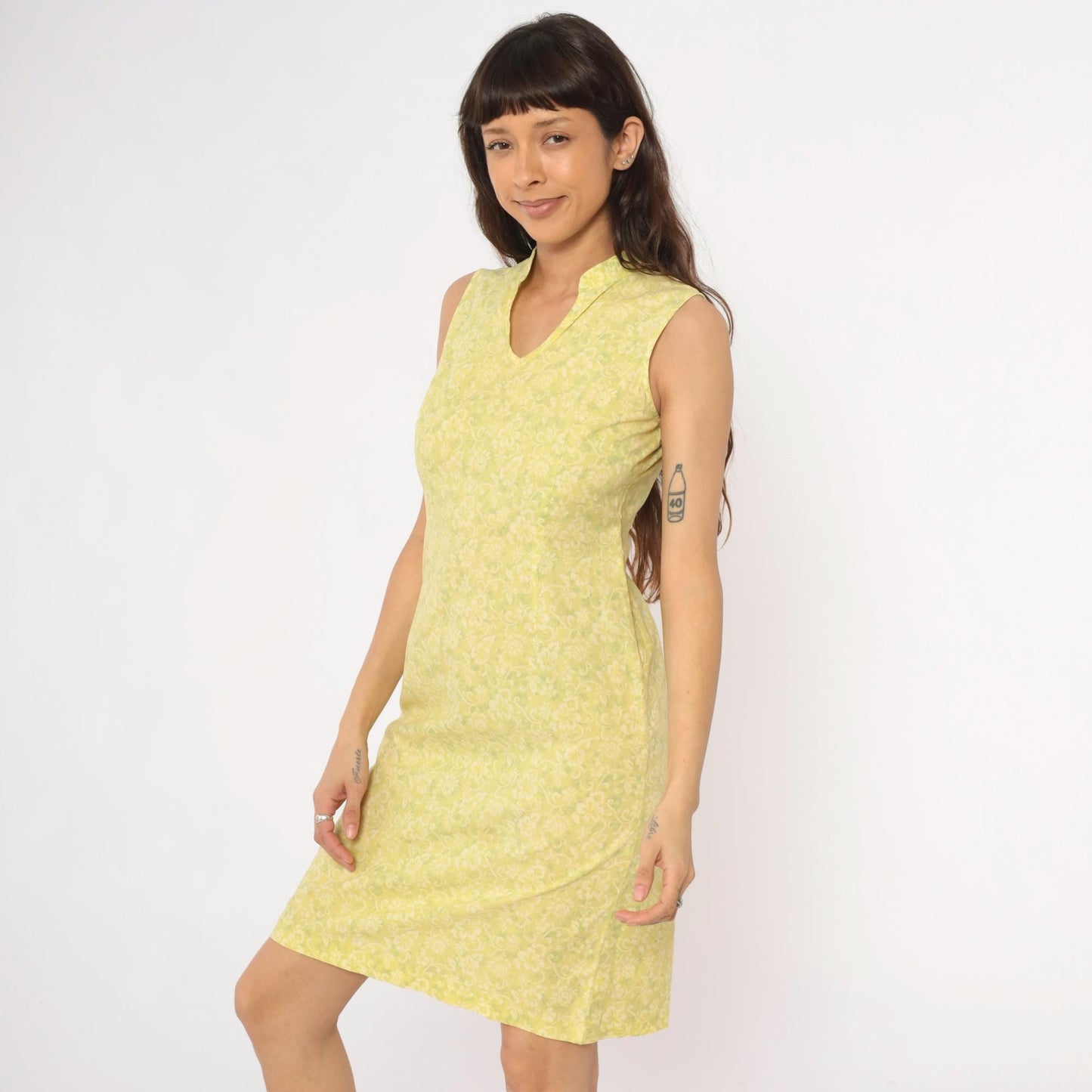 Y2K Yellow Floral Damask Knee-Length Shift Dress Collared Small
