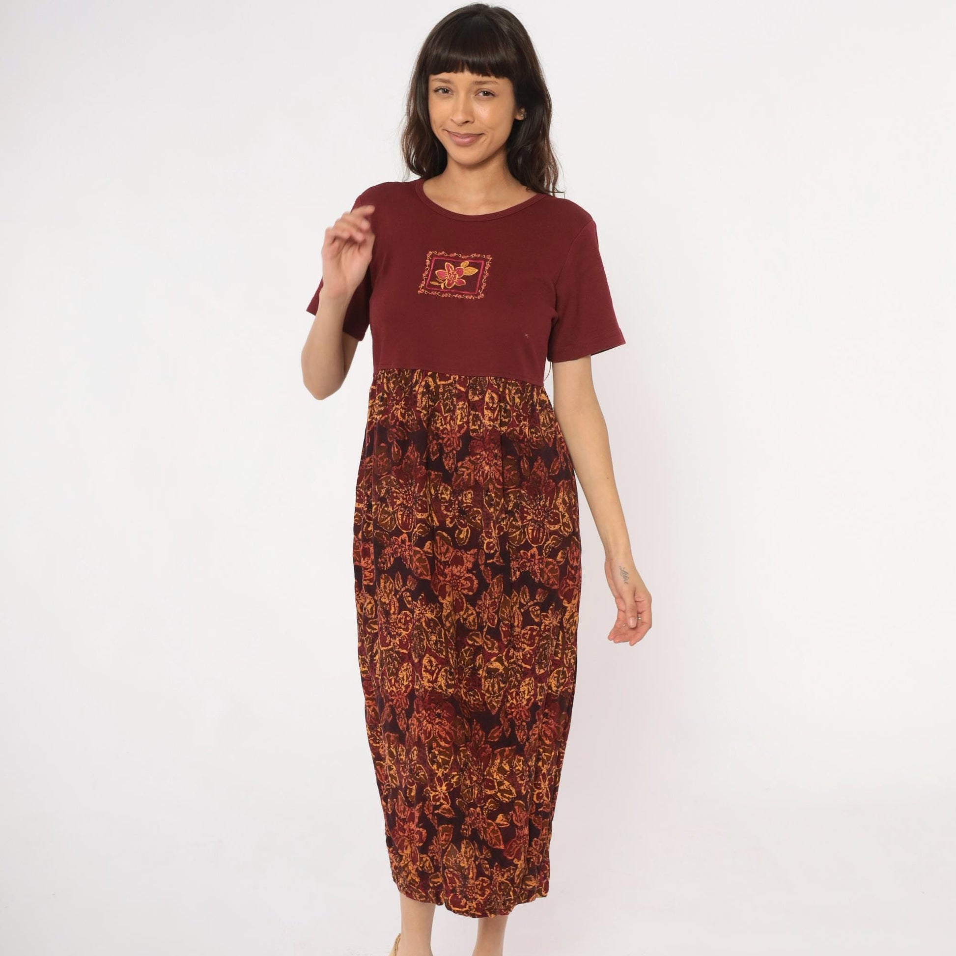 90s Burgundy Colorblock Floral Embroidered Midi Dress Rayon Medium M