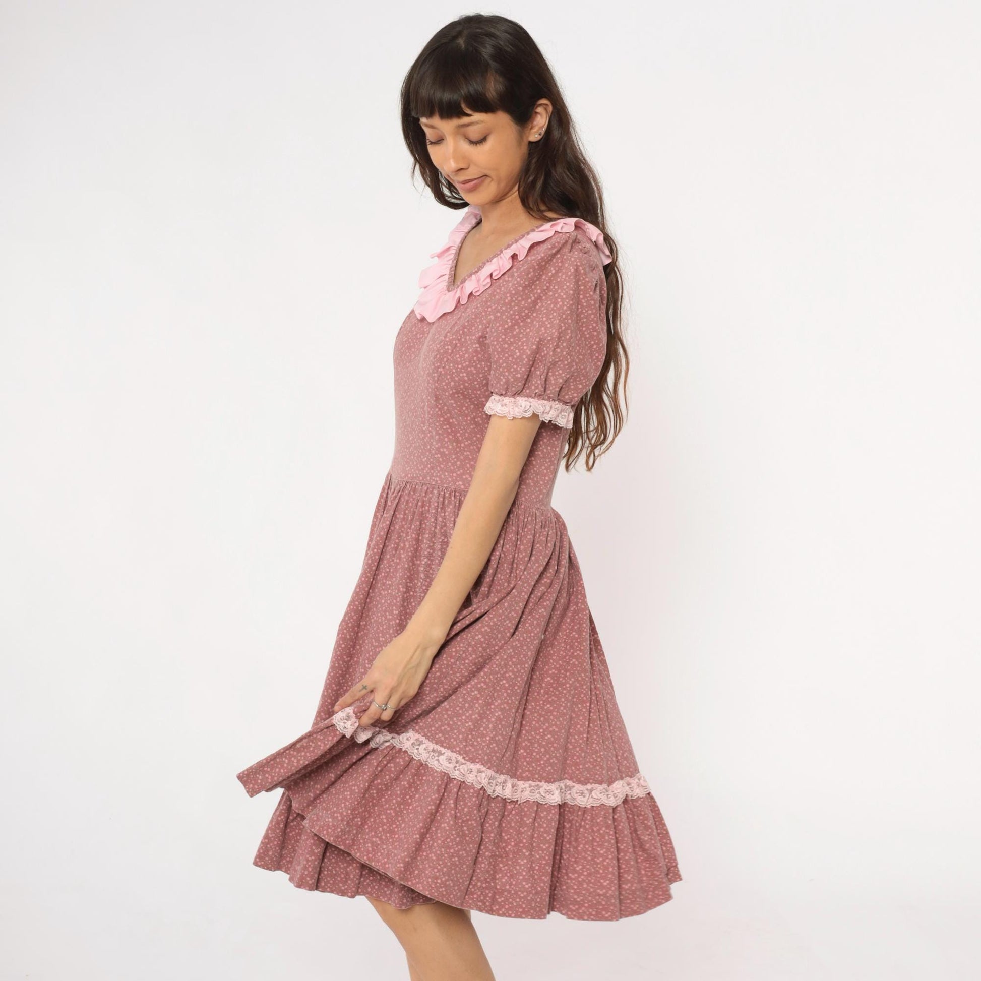 70s Prairie Dress Floral Dusty Rose Puff Sleeve Ruffle Collar Lace Trim Large L