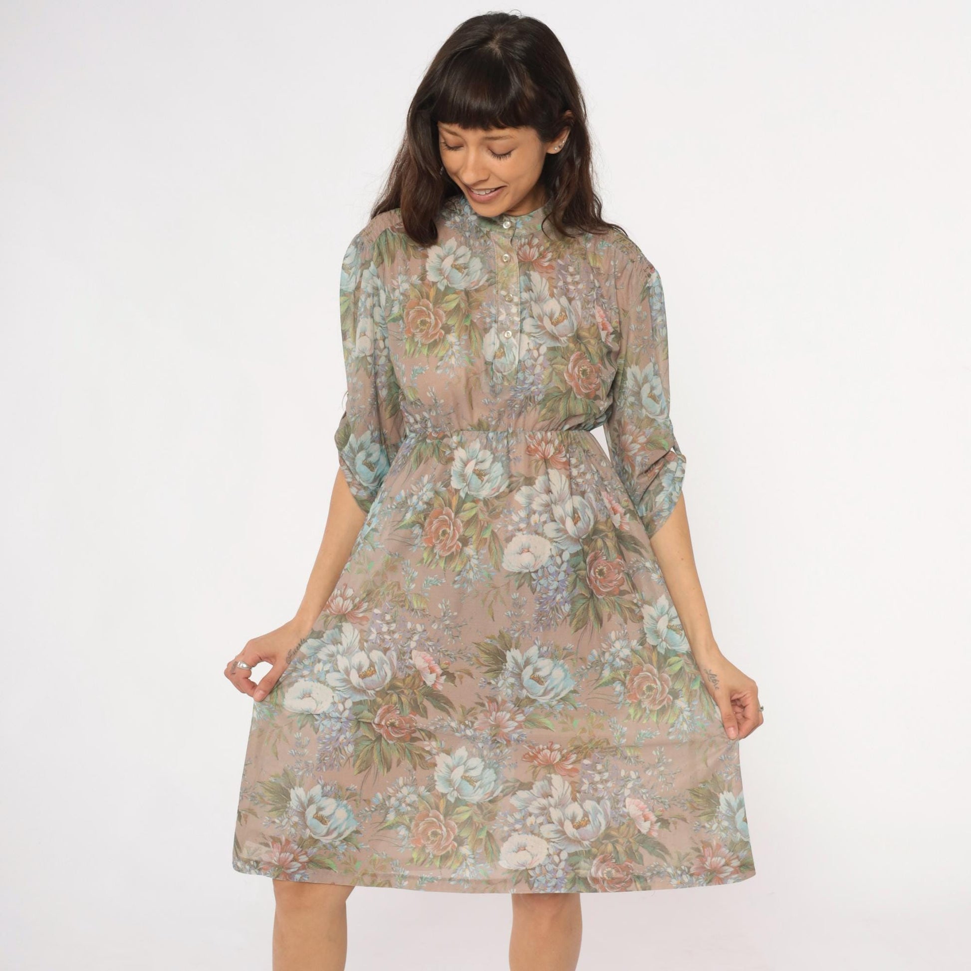 80s Floral Button-Front Dress Sheer Polyester Taupe Pink Green Small