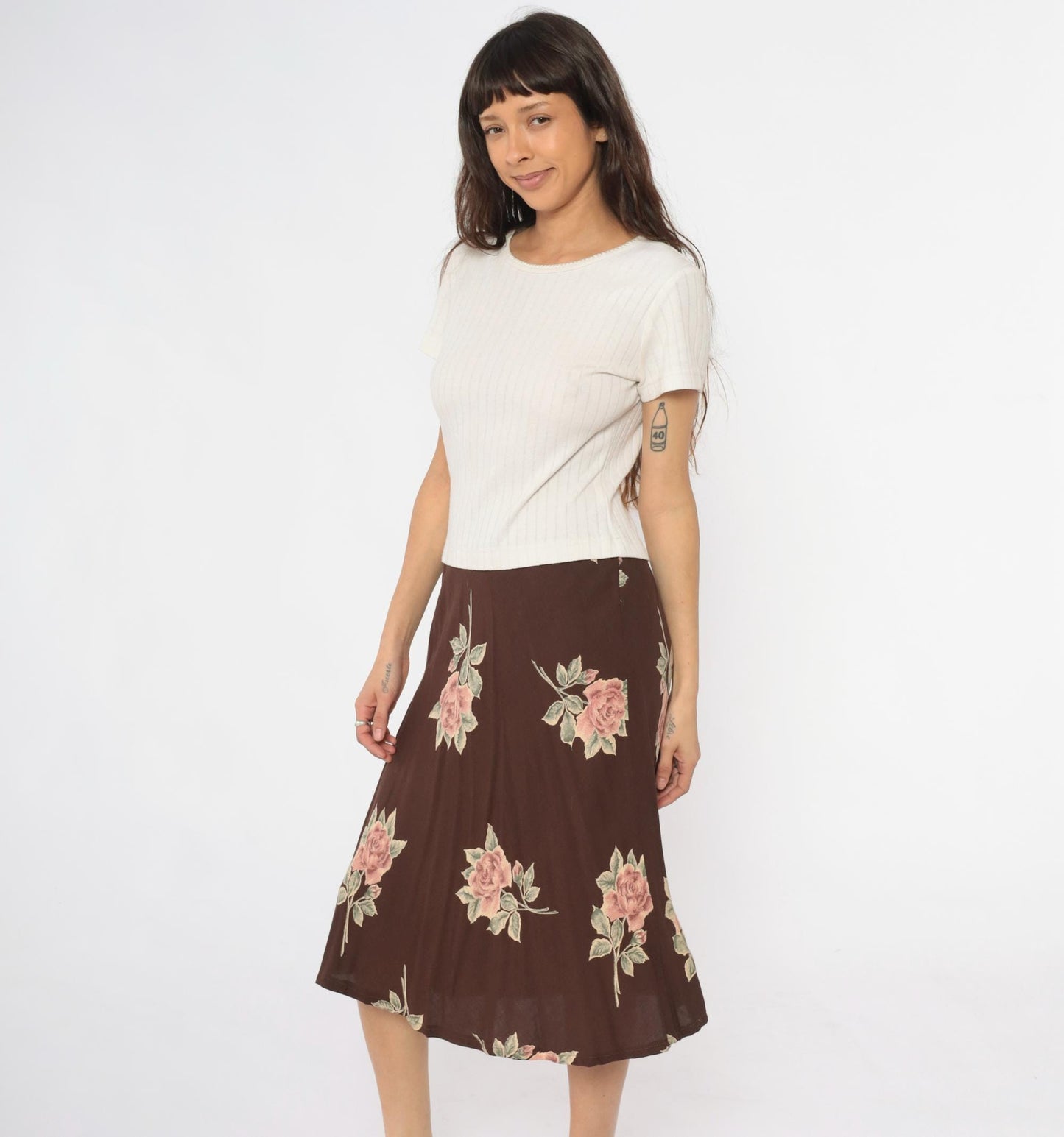 90s Cristina Colorblock Midi Dress Cream Ribbed Knit Brown Floral Medium