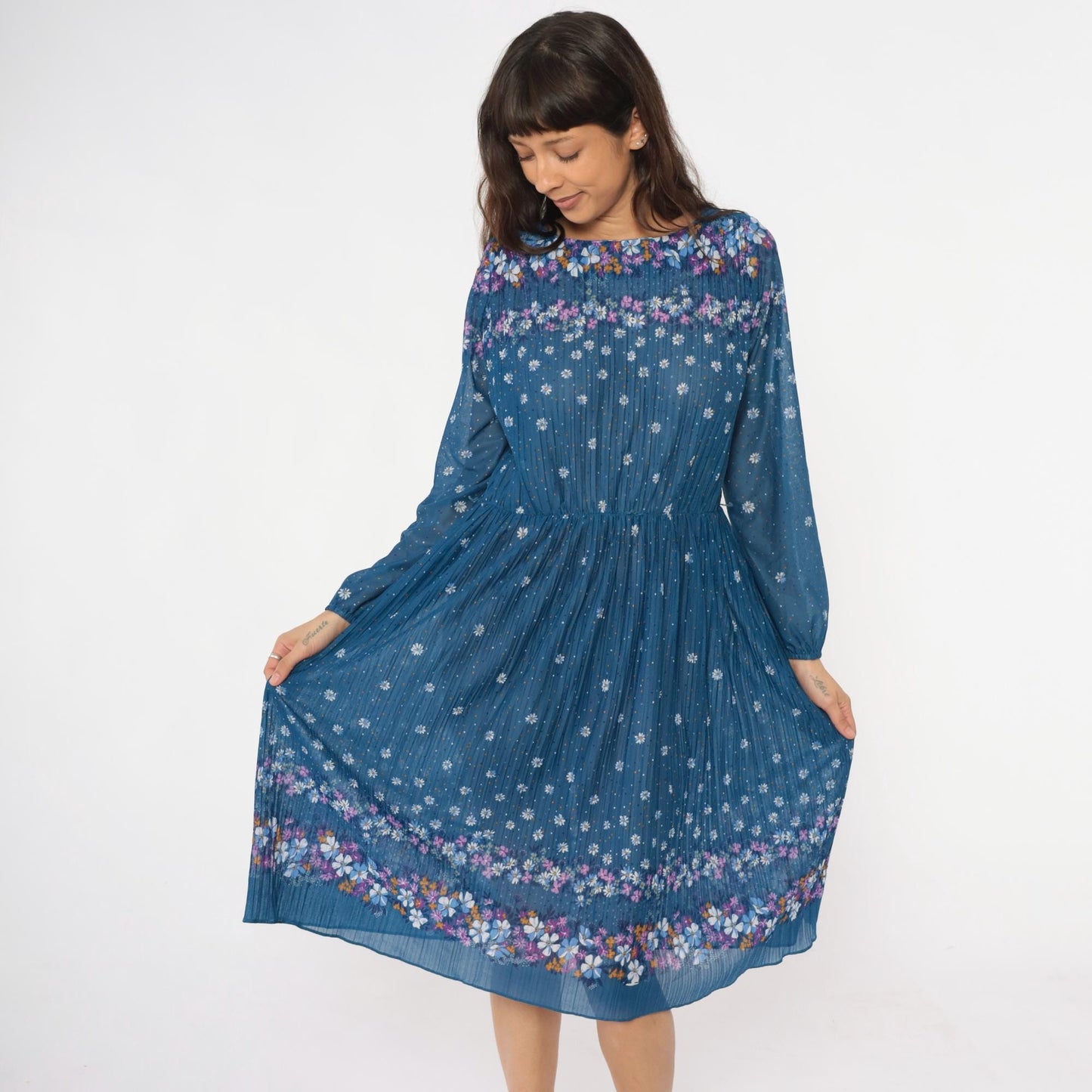 80s Malouf of Dallas Floral Midi Dress Blue Pleated Long Sleeve Medium