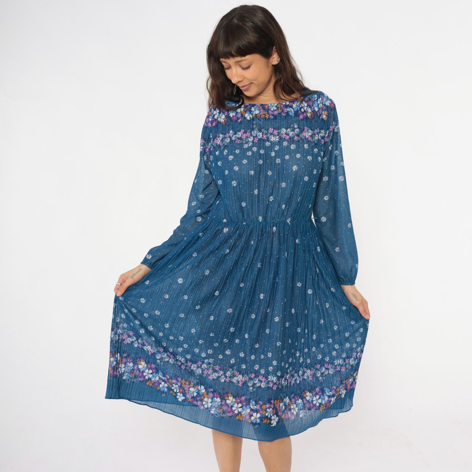 80s Malouf of Dallas Floral Midi Dress Blue Pleated Long Sleeve Medium