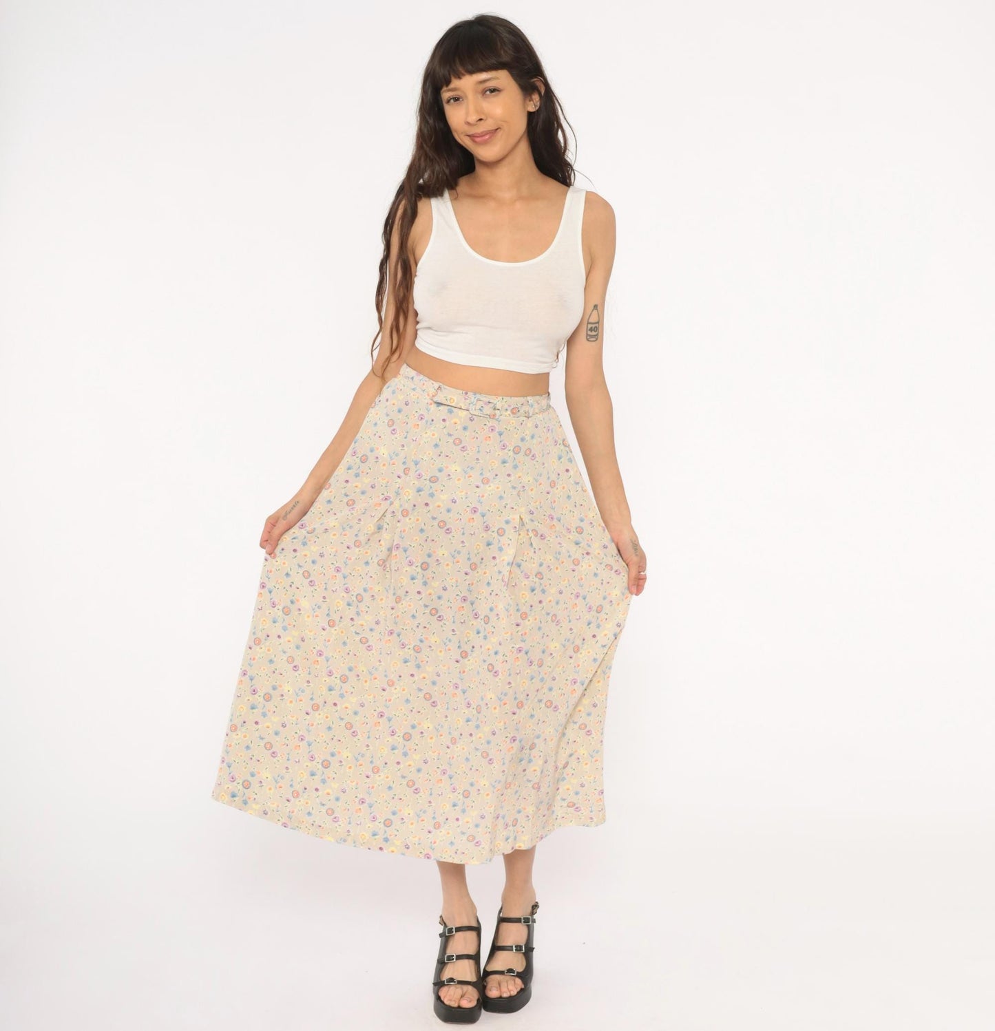 80s FT Studio Floral Midi Skirt Cream Pastel Ditsy Small Medium