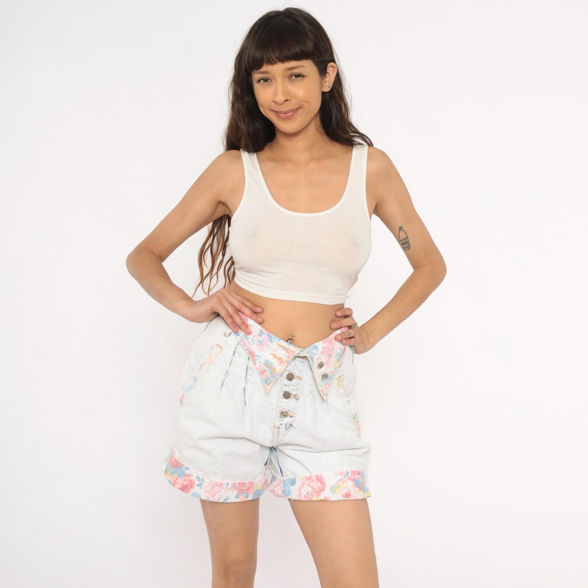 90s Traffic Acid Wash Denim Shorts Floral Yoke High Rise Pleated Medium M