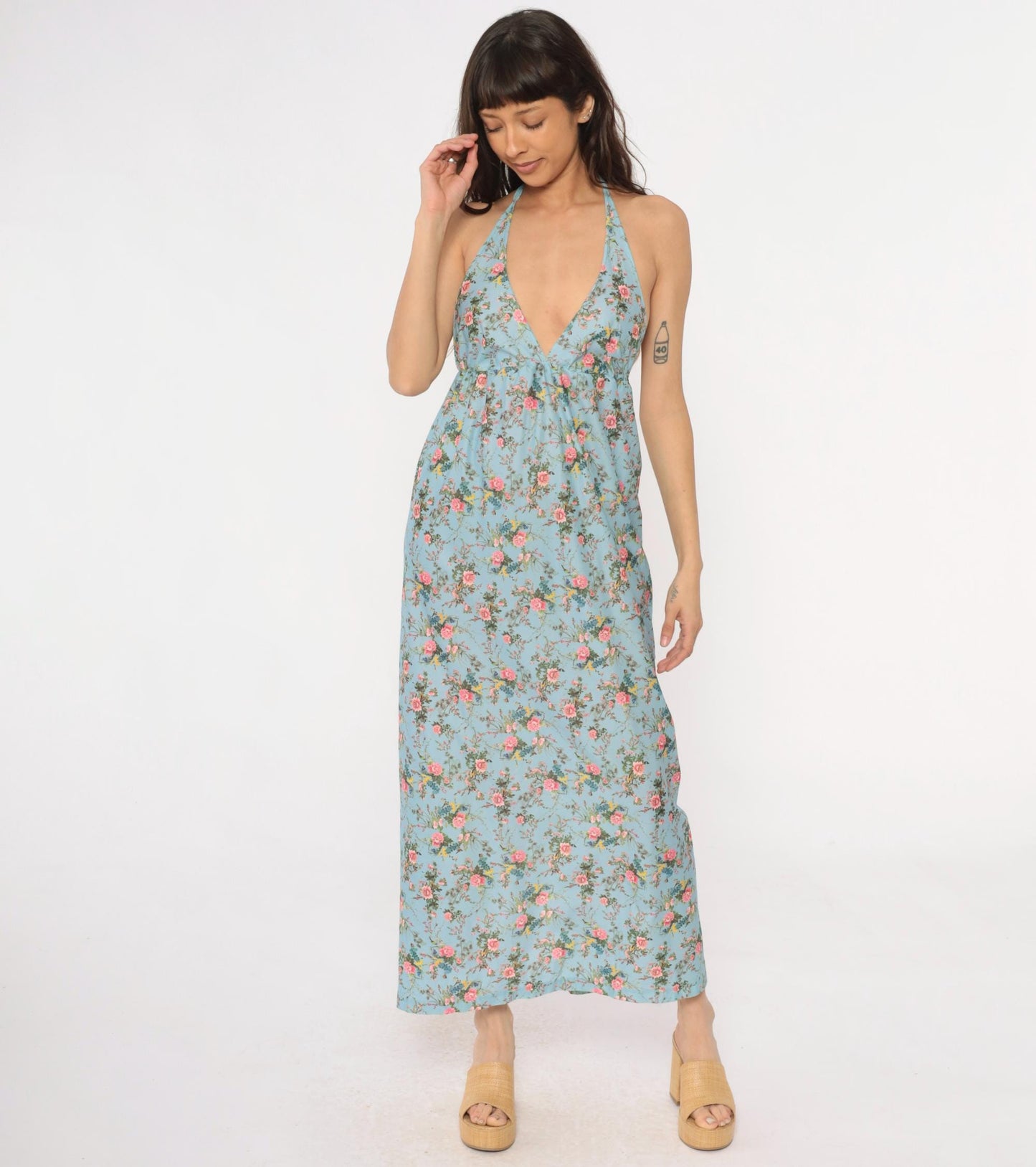 70s Light Blue Floral Maxi Halter Dress Empire Waist Pink Roses Small