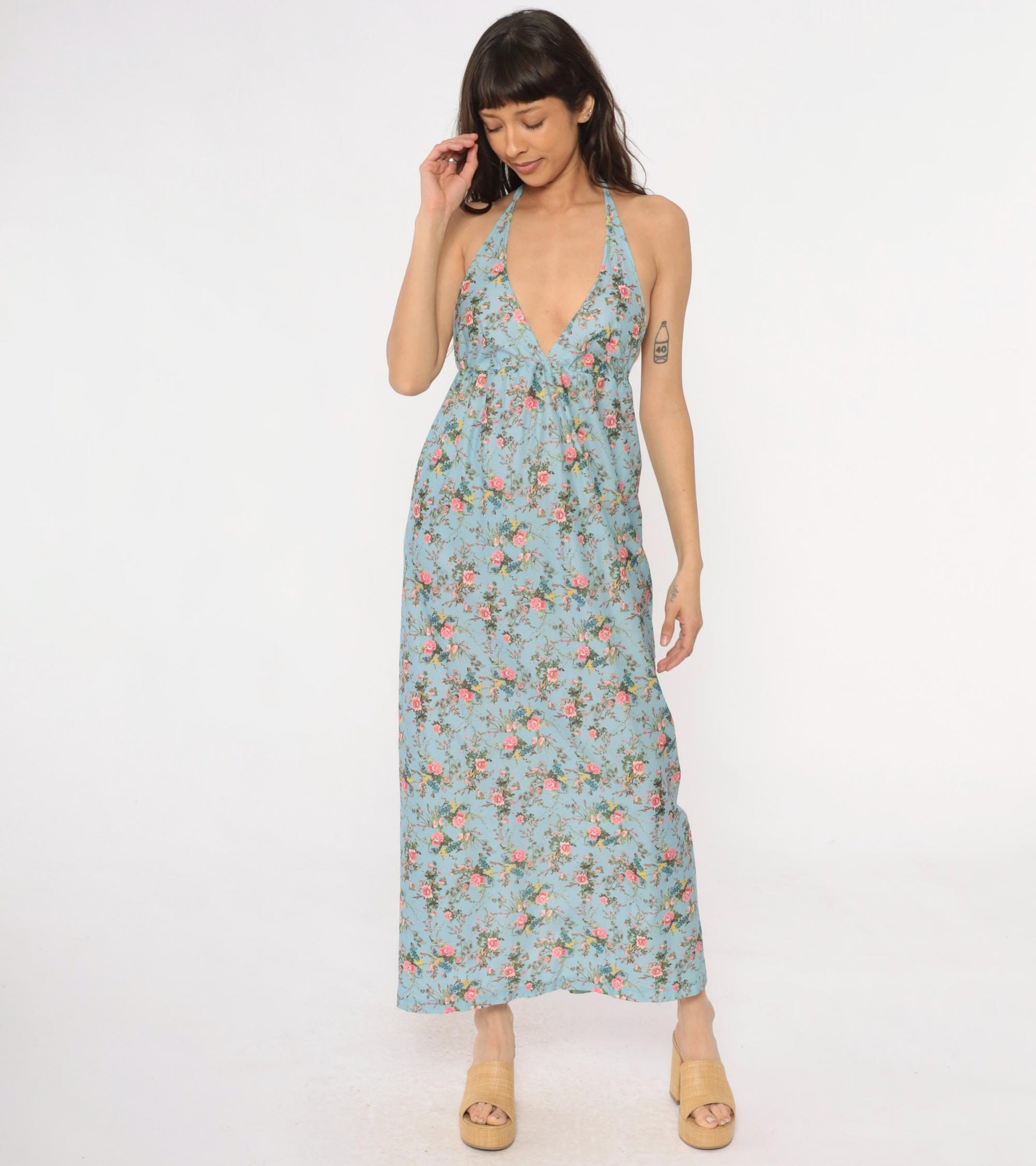70s Light Blue Floral Maxi Halter Dress Empire Waist Pink Roses Small