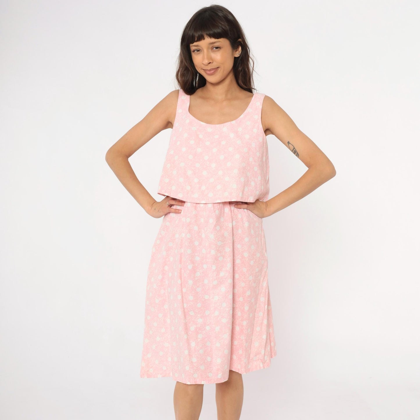 90s Pink Polka Dot Cotton Sundress Sleeveless Scoop Neck Medium M