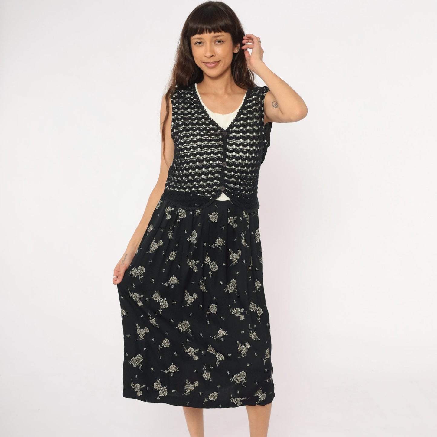 90s Molly Malloy Black Floral Midi Dress with Knit Vest Overlay Small