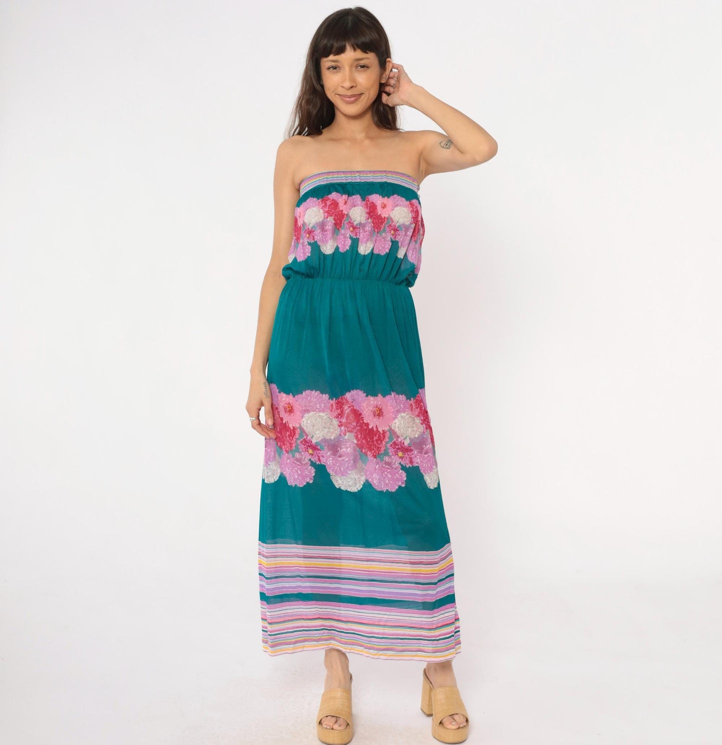 80s Teal Floral Strapless Maxi Dress Pink Purple Carnation Print Small S