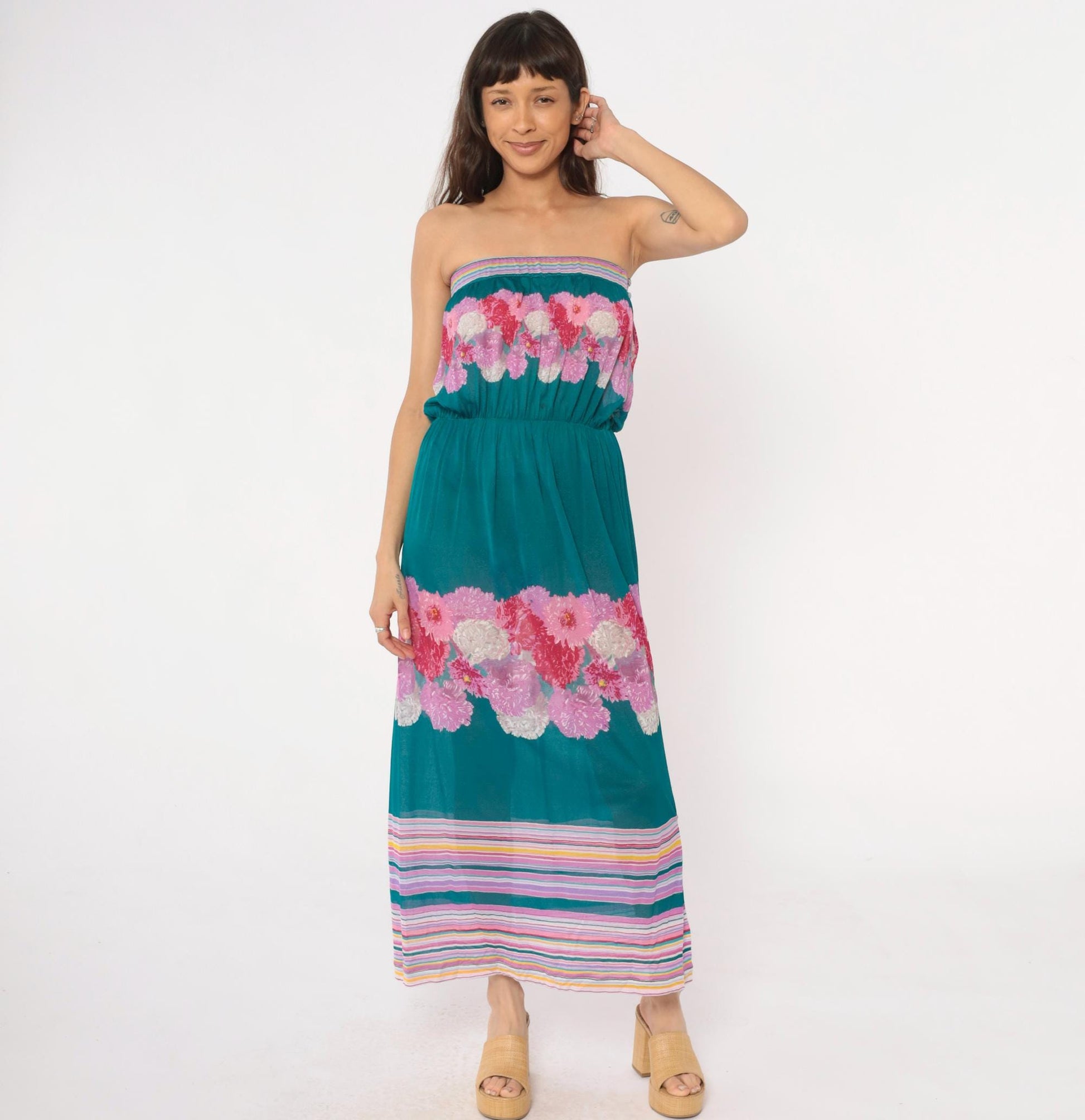 80s Teal Floral Strapless Maxi Dress Pink Purple Carnation Print Small S