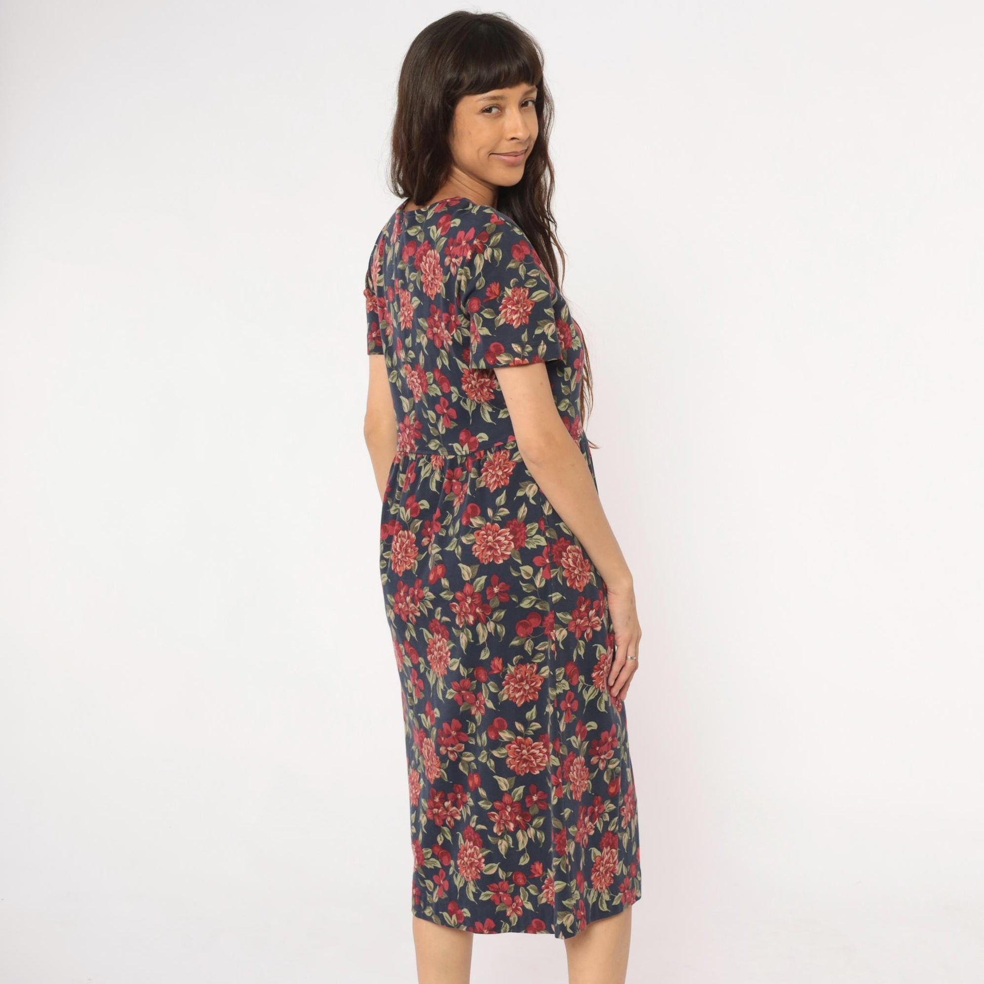 90s Talbots Floral Midi Dress Navy Dahlia Cotton Small