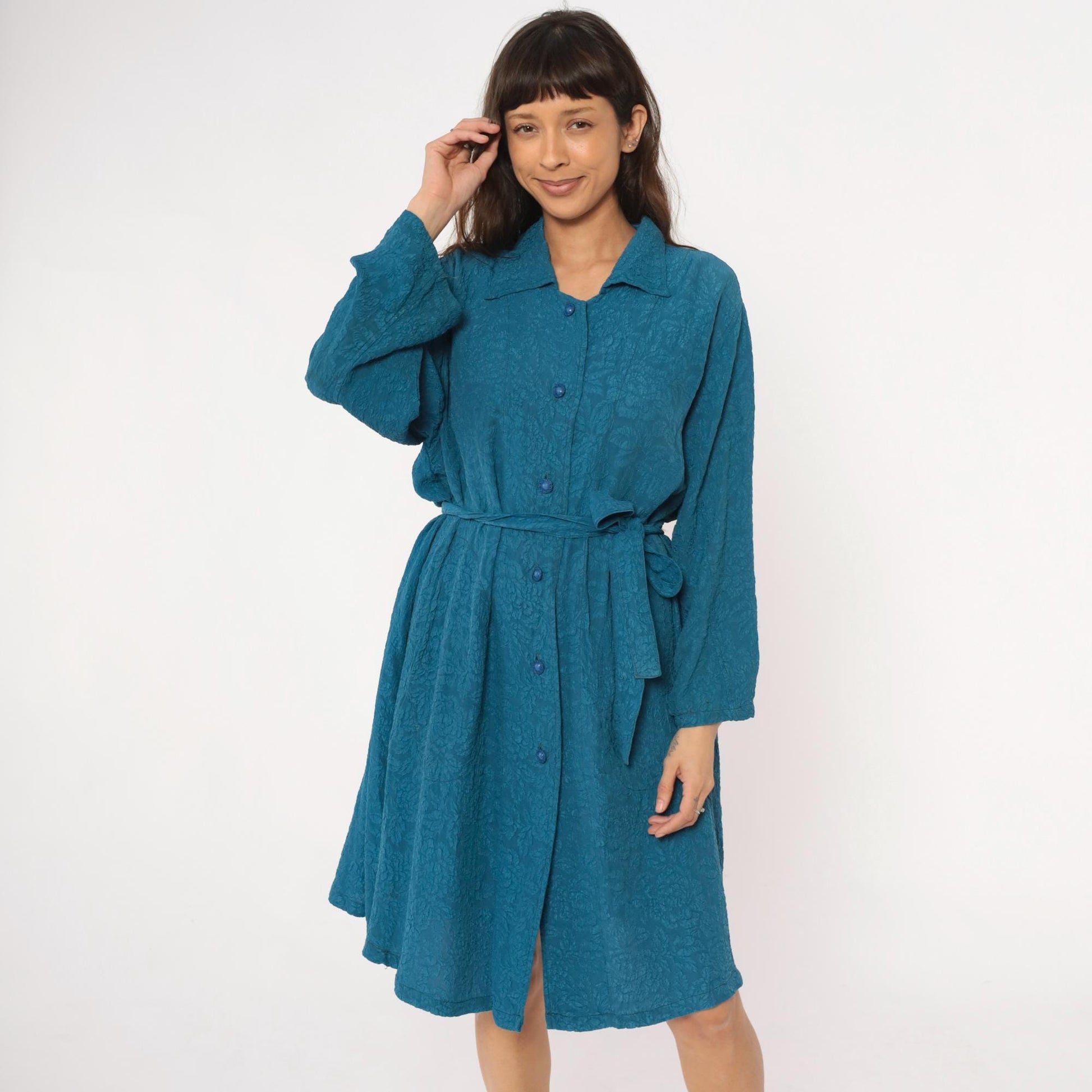 Y2K Teal Jacquard Floral Duster Robe Tie Belt Collared Long Sleeve Large