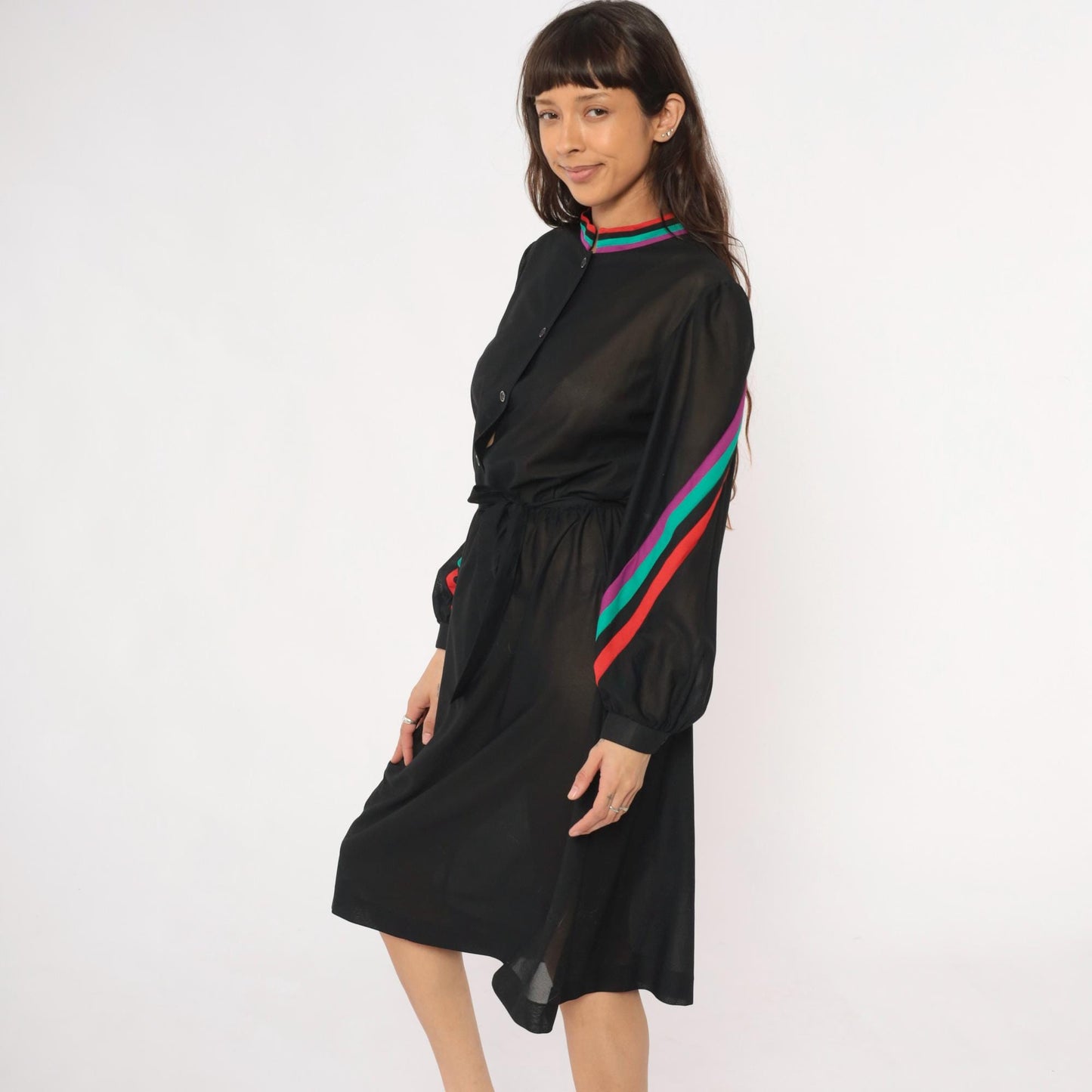 80s Blair Black Dress Striped Trim Stand Collar Long Sleeve Knee Length Medium