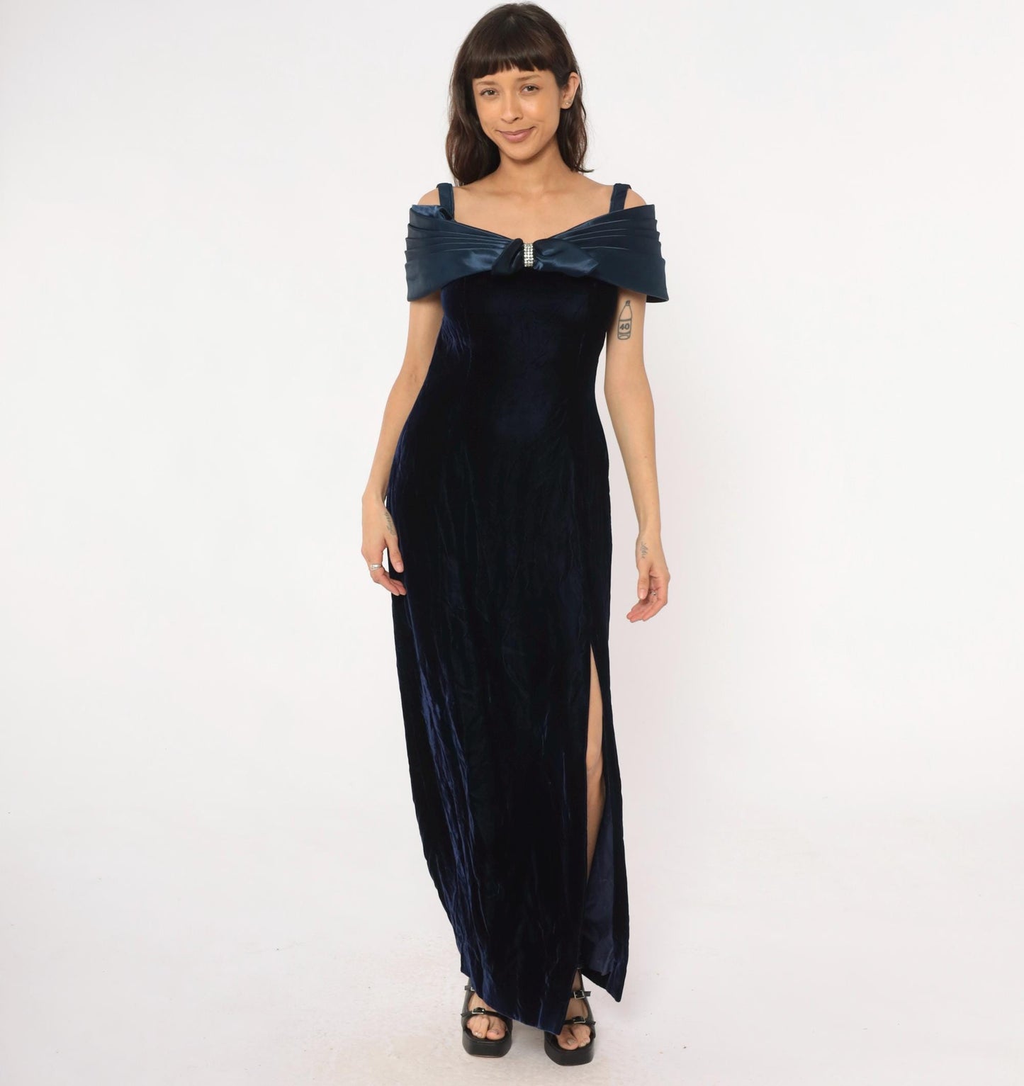 90s Navy Velvet Maxi Dress Off-Shoulder Bow Rhinestone Medium