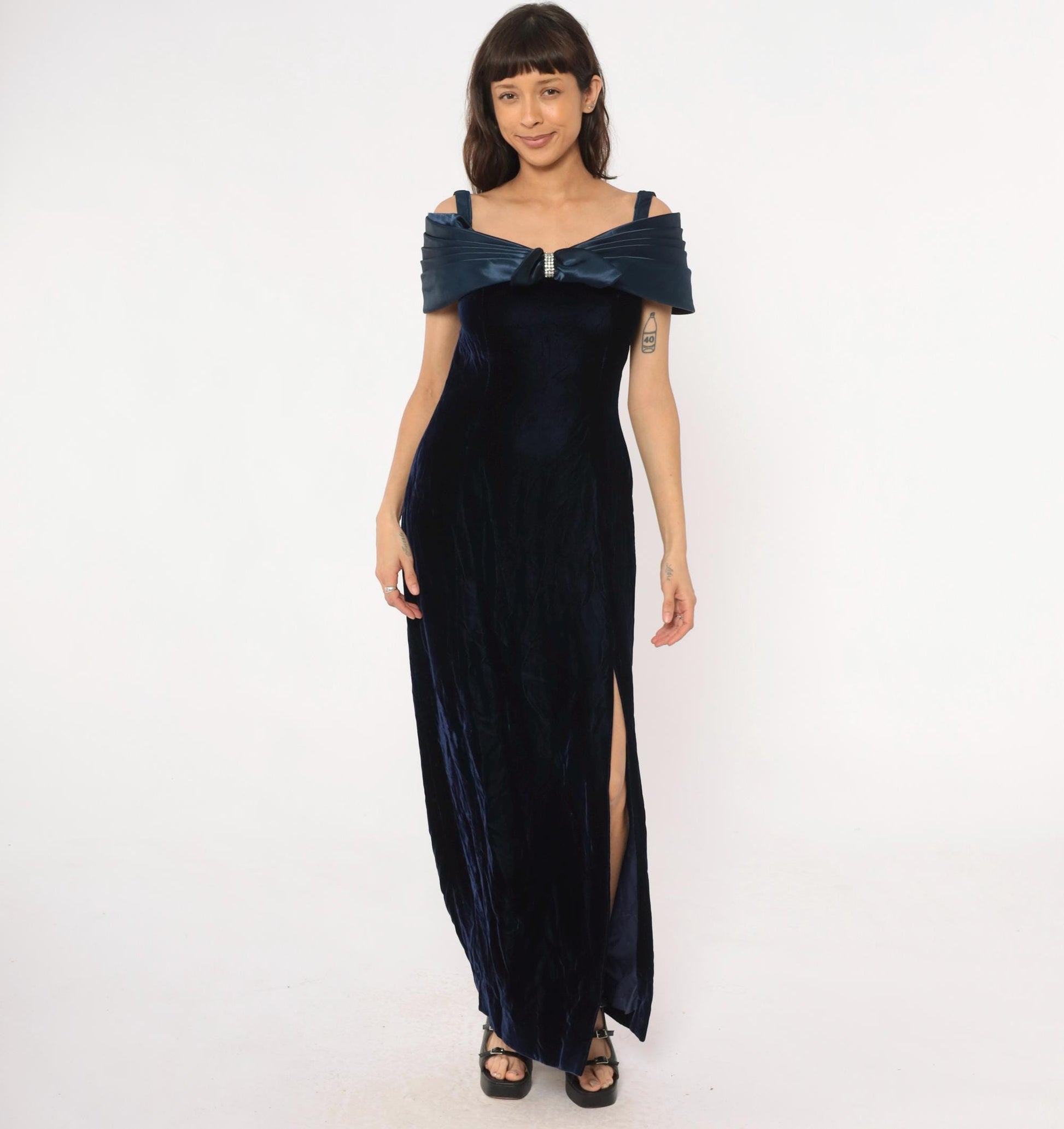 90s Navy Velvet Maxi Dress Off-Shoulder Bow Rhinestone Medium