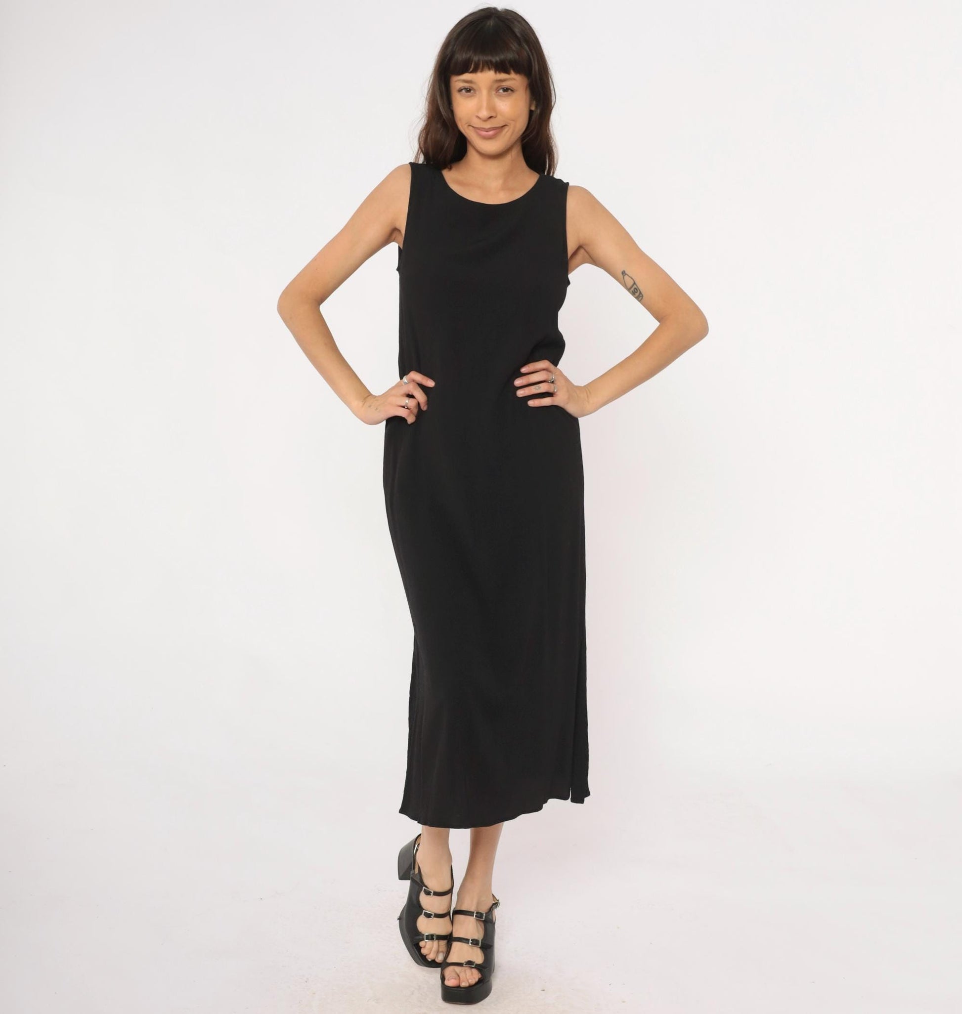 90s Black Maxi Dress Valerie Stevens Petites Sleeveless Column Medium